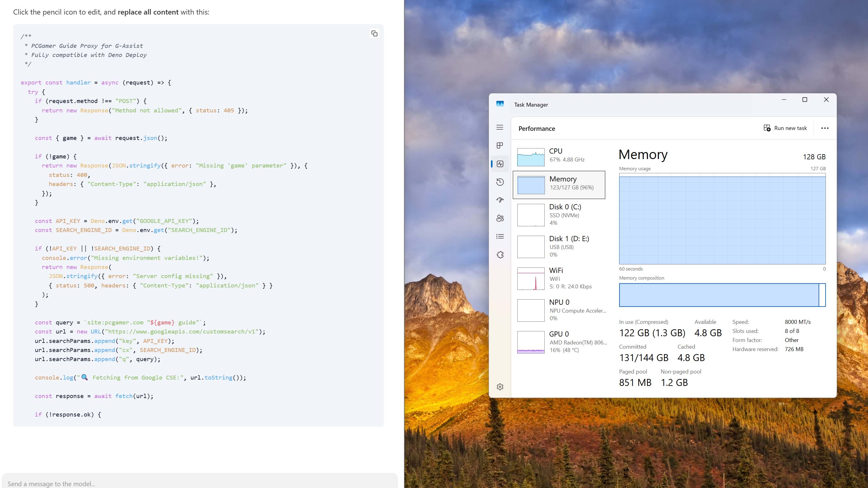 A windows desktop with the 128 GB Framework Desktop using all of its memory for local AI processing