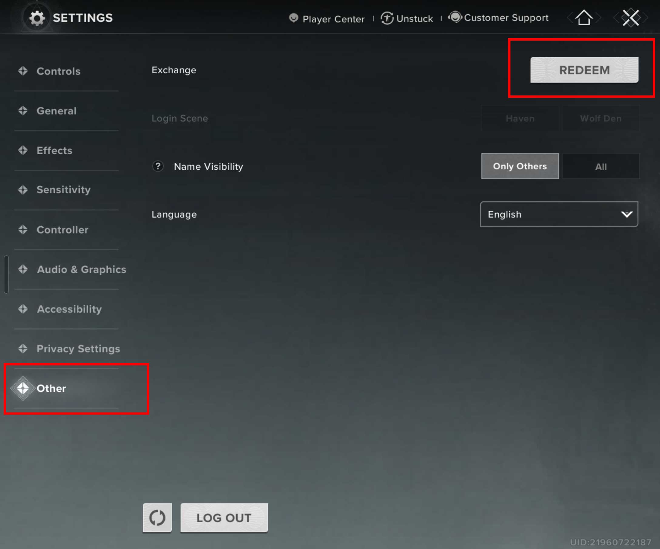 Destiny: Rising codes - The settings menu, with two red boxes highlighting the 'other' and 'redeem' buttons.