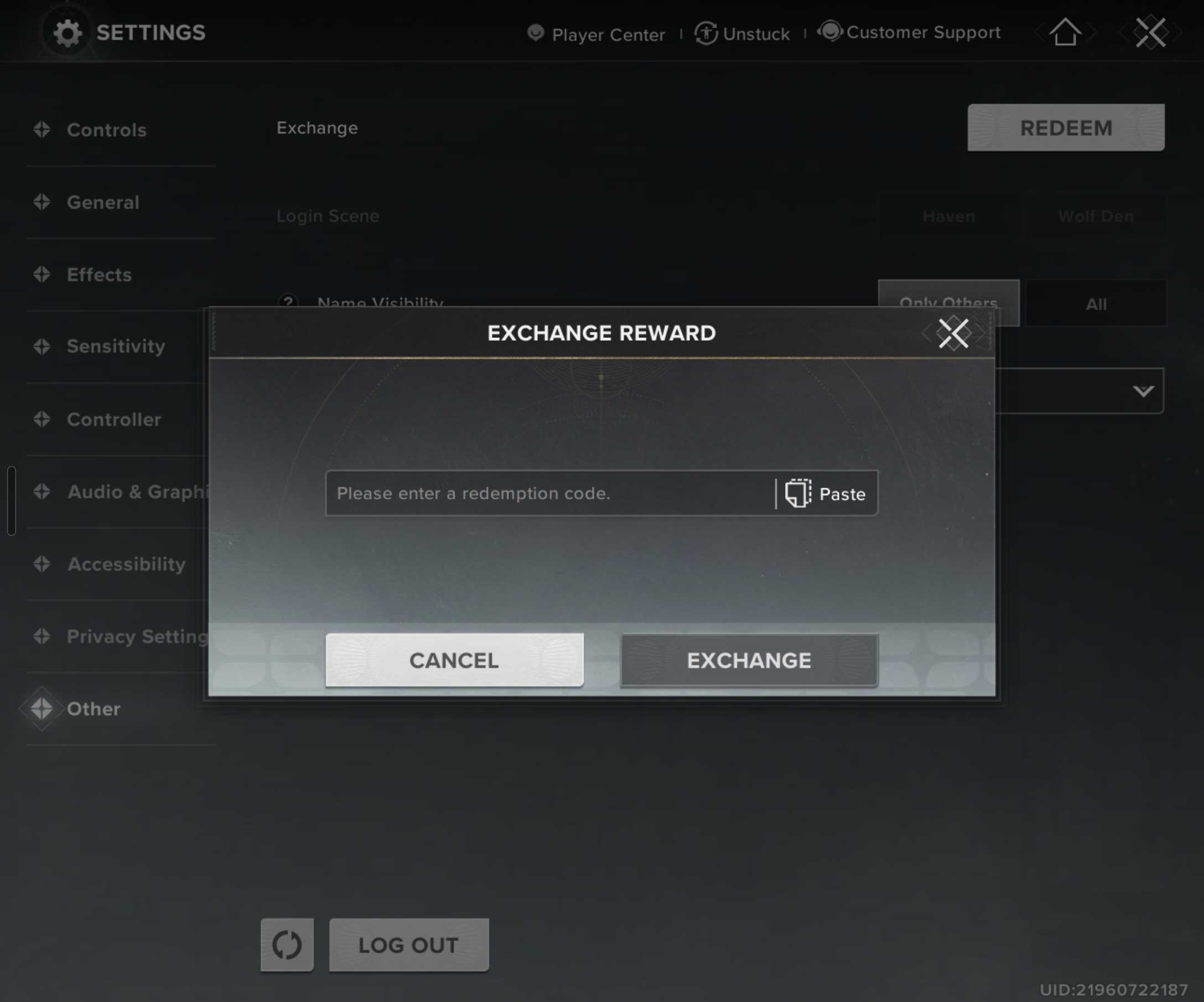 Destiny: Rising codes - The 'exchange reward' portal in the settings menu.