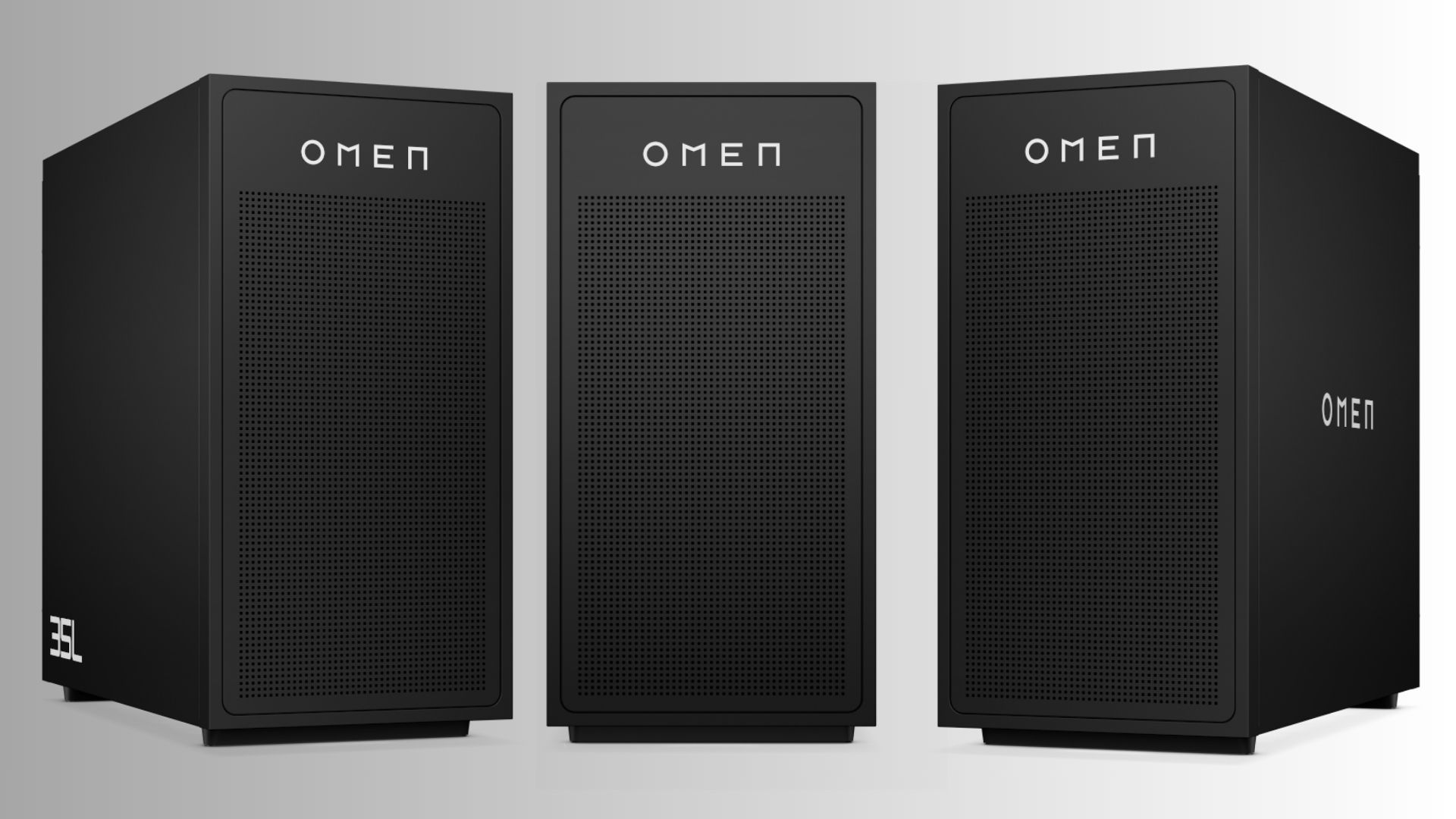 The HP Omen 35L Stealth on a black and white gradient