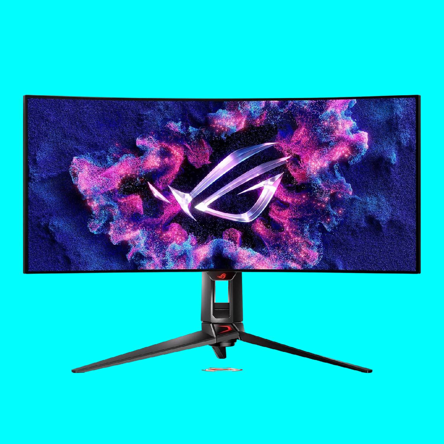 Asus ROG Swift OLED PG34WCDM gaming monitor on a light blue background