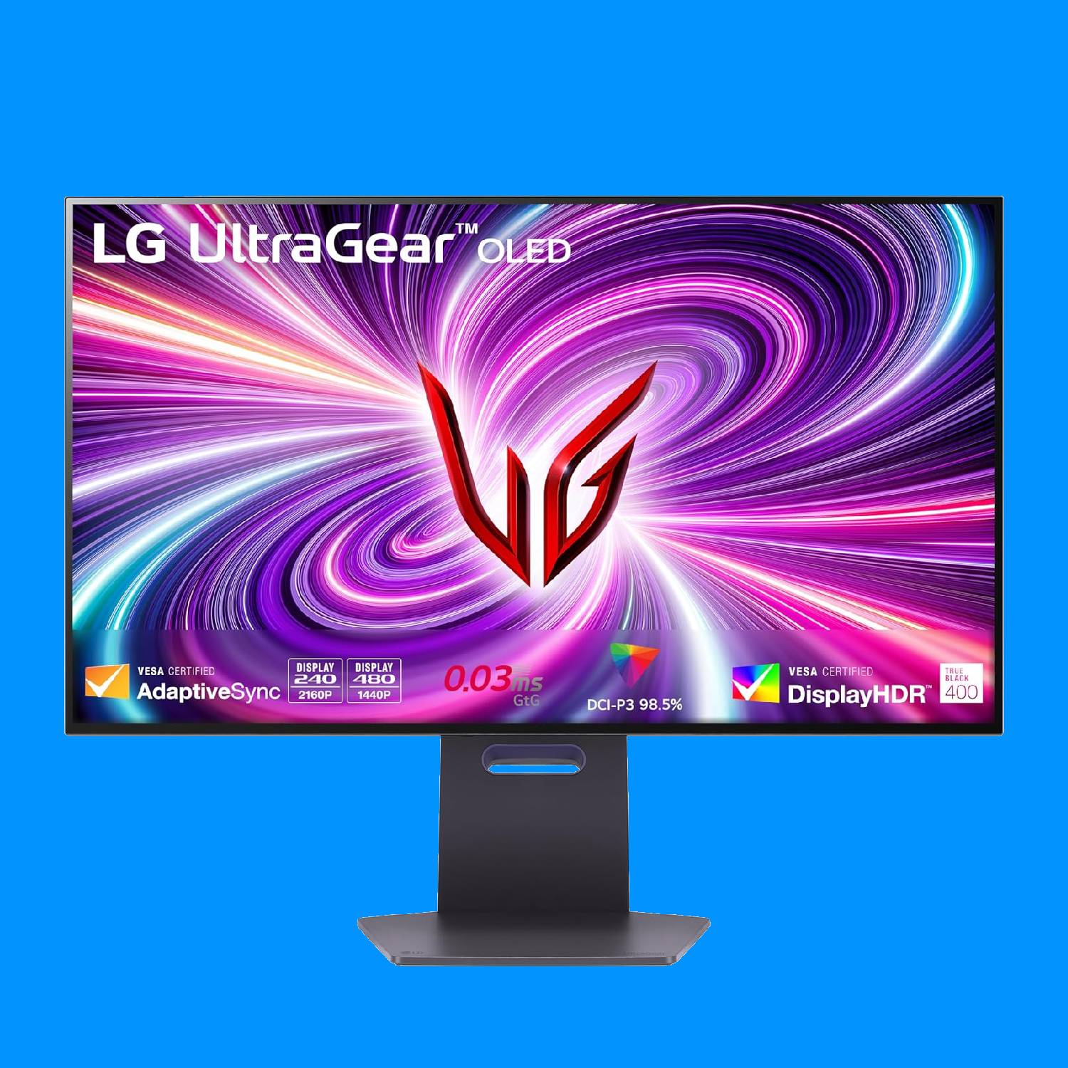 LG UltraGear 32GS95UE gaming monitor on a blue background