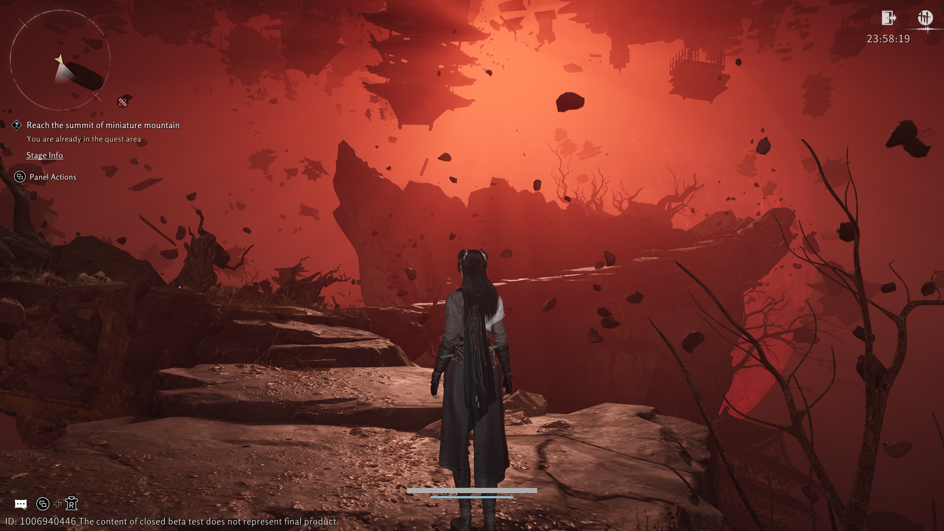 A Where Winds Meet character standing on a rocky outcrop under a red sky