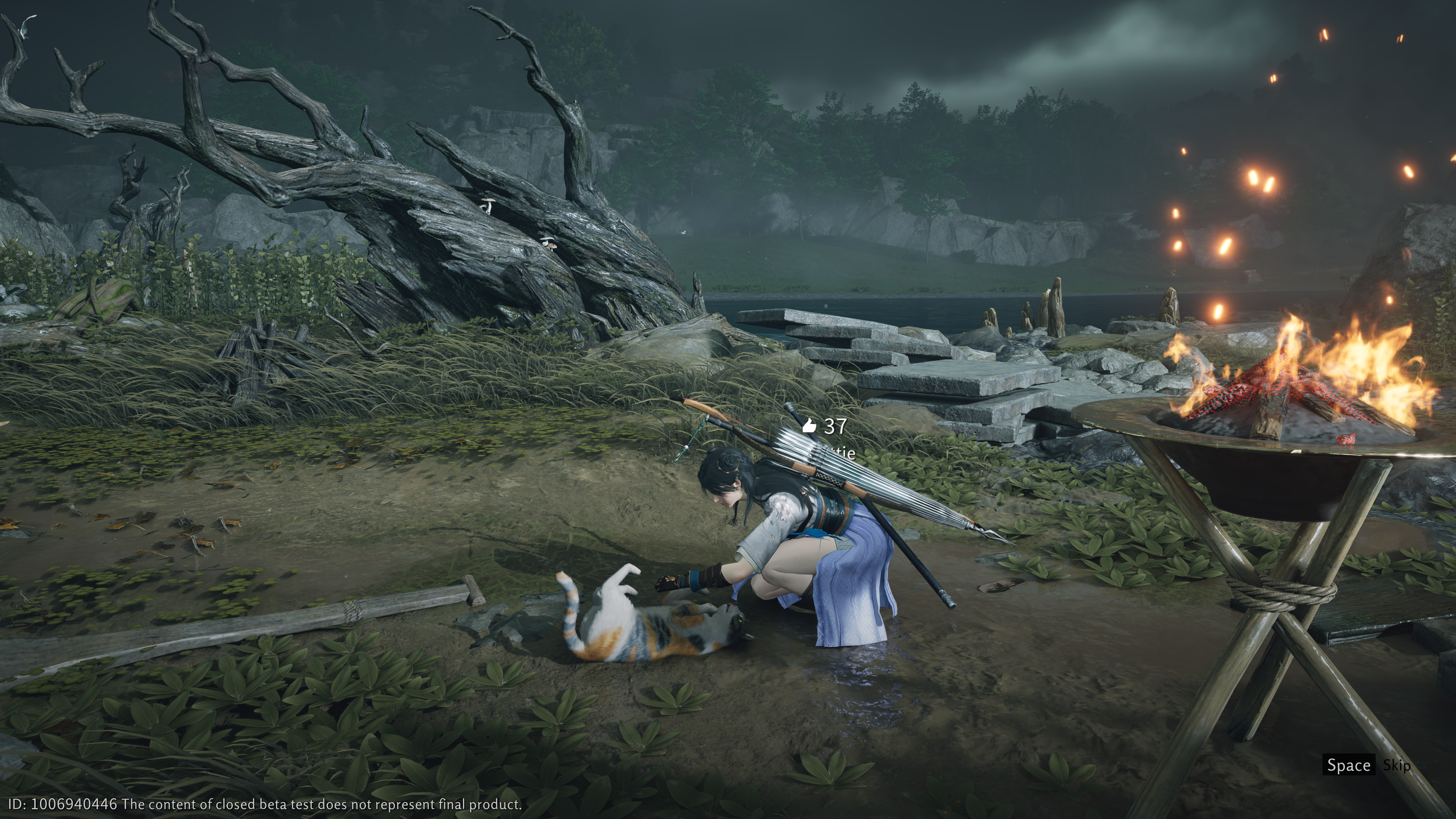 A Where Winds Meet character crouching down to pet a cat