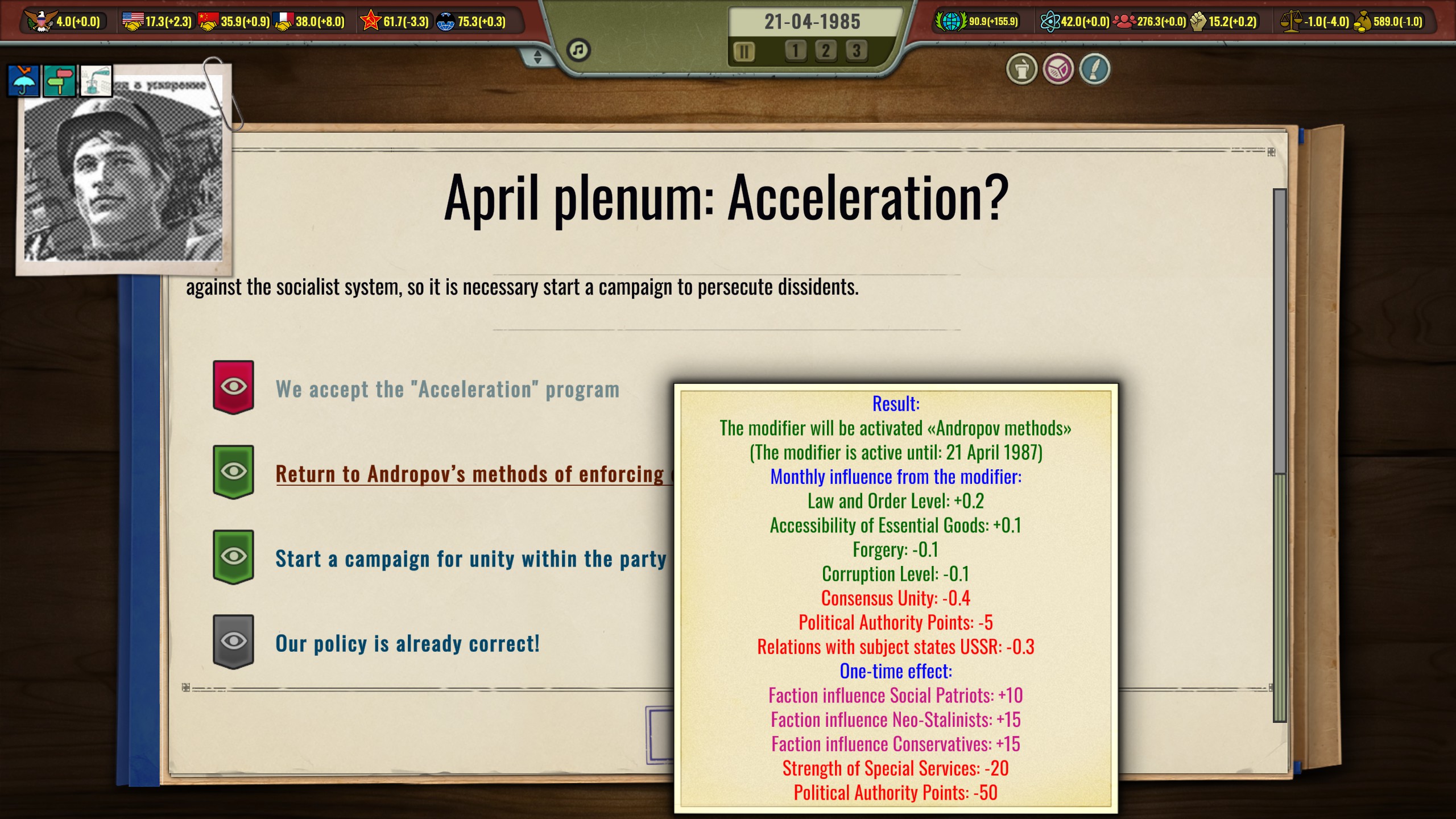 Choosing a decision, viewing the repercussions.