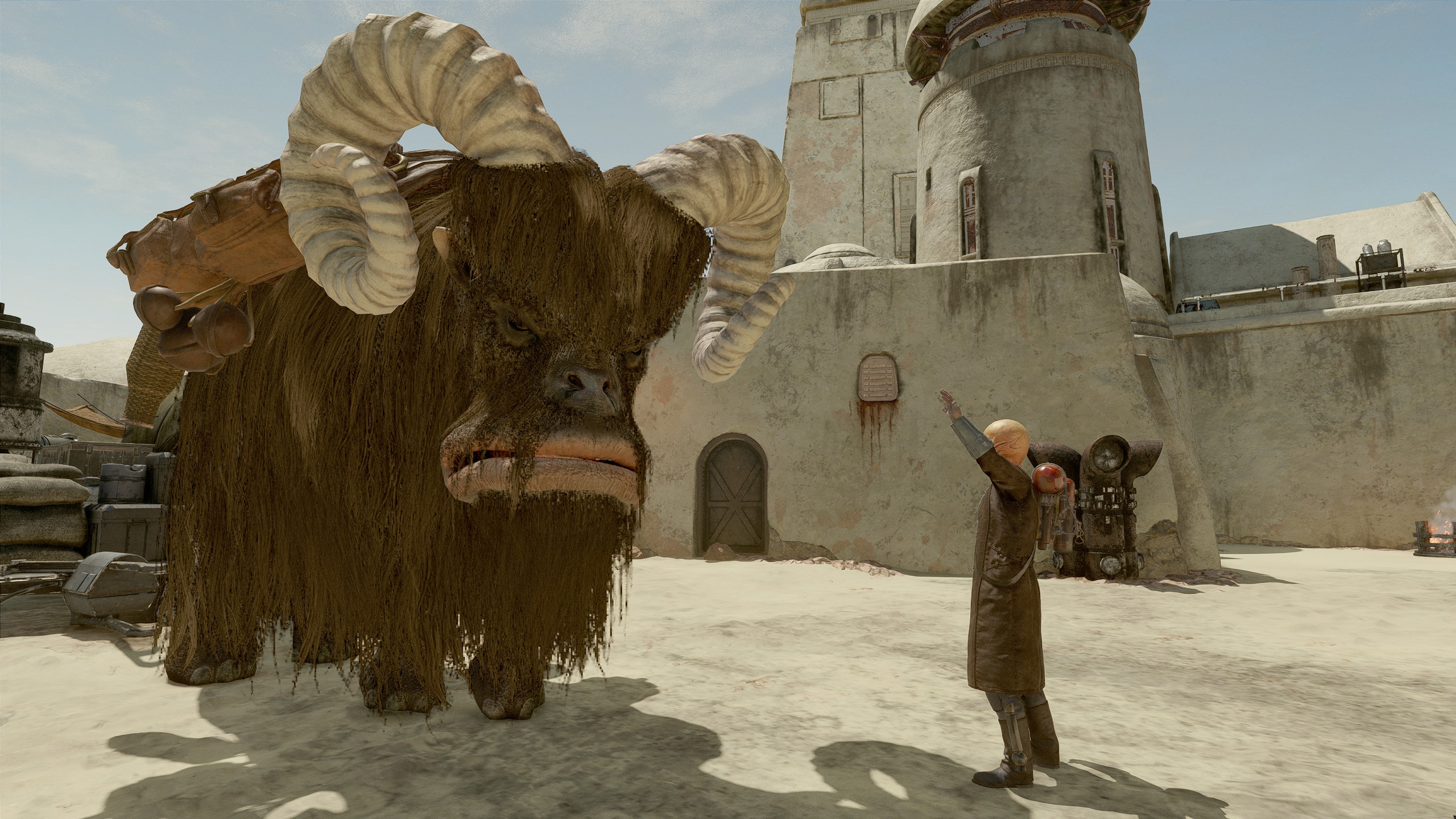 An alien waving to a Bantha