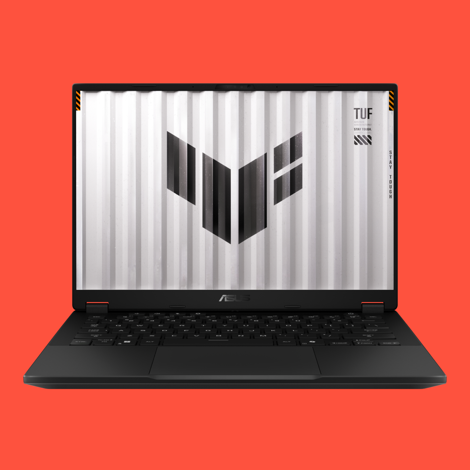 The Asus TUF A14 14-inch gaming laptop on a red background