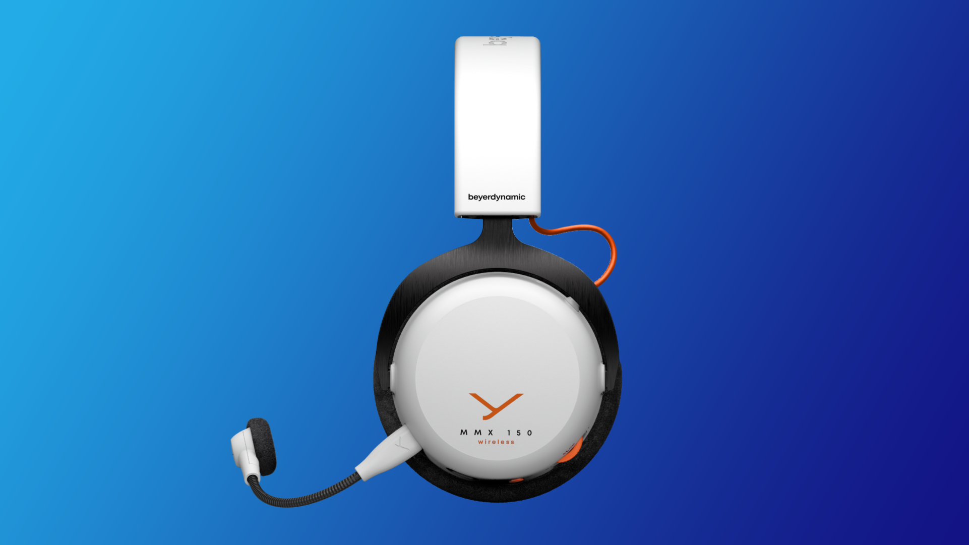 The Beyerdynamic MMX 150 gaming headset in white on a blue background