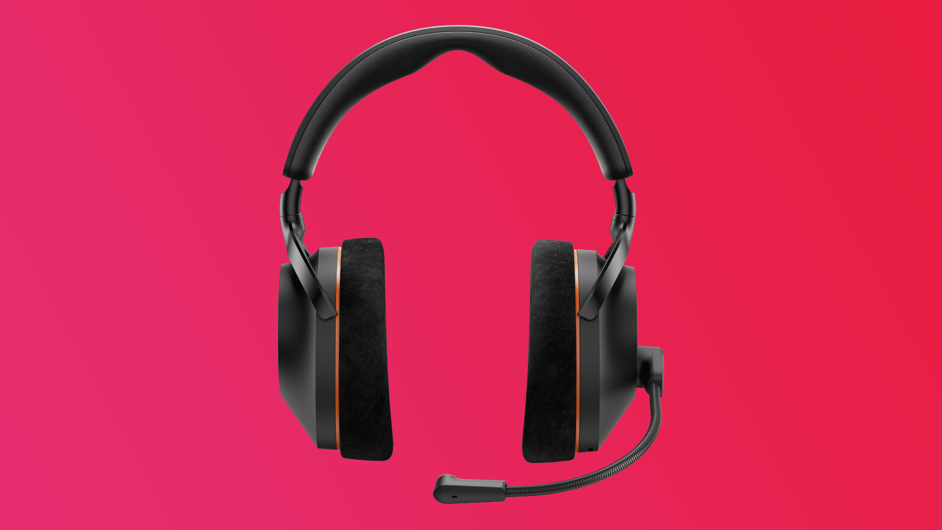The Beyerdynamic MMX 230 gaming headset in black on a red/pink gradient background