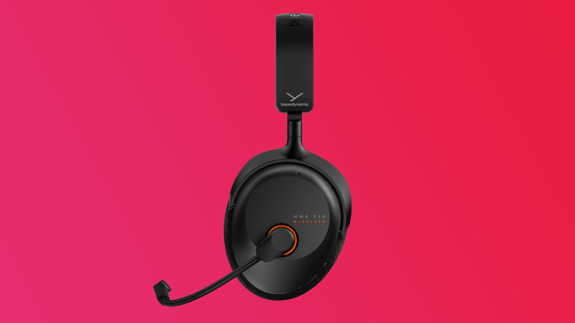 The Beyerdynamic MMX 230 gaming headset in black on a red/pink gradient background
