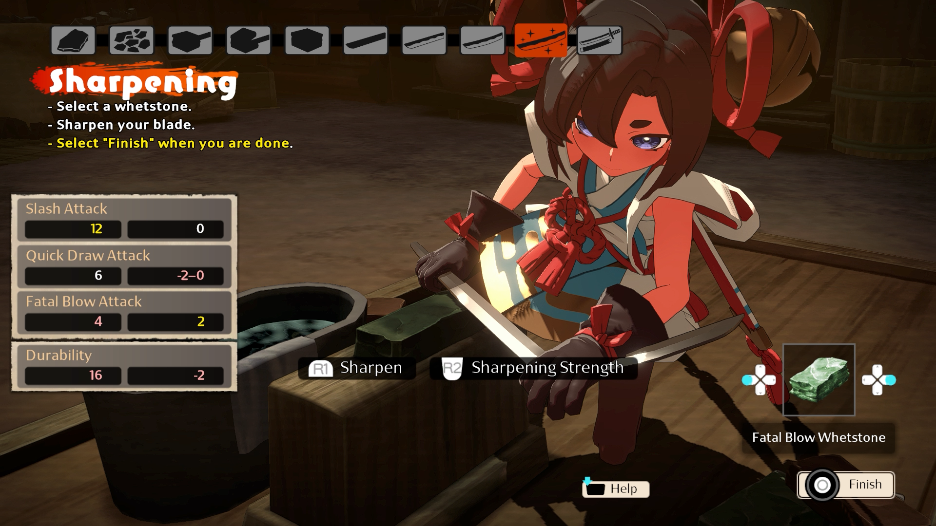 A screenshot of Towa and the Guardians of the Sacred Tree. A character with brown hair wearing a red, blue and white kimono focuses on sharpening a sword during a minigame.