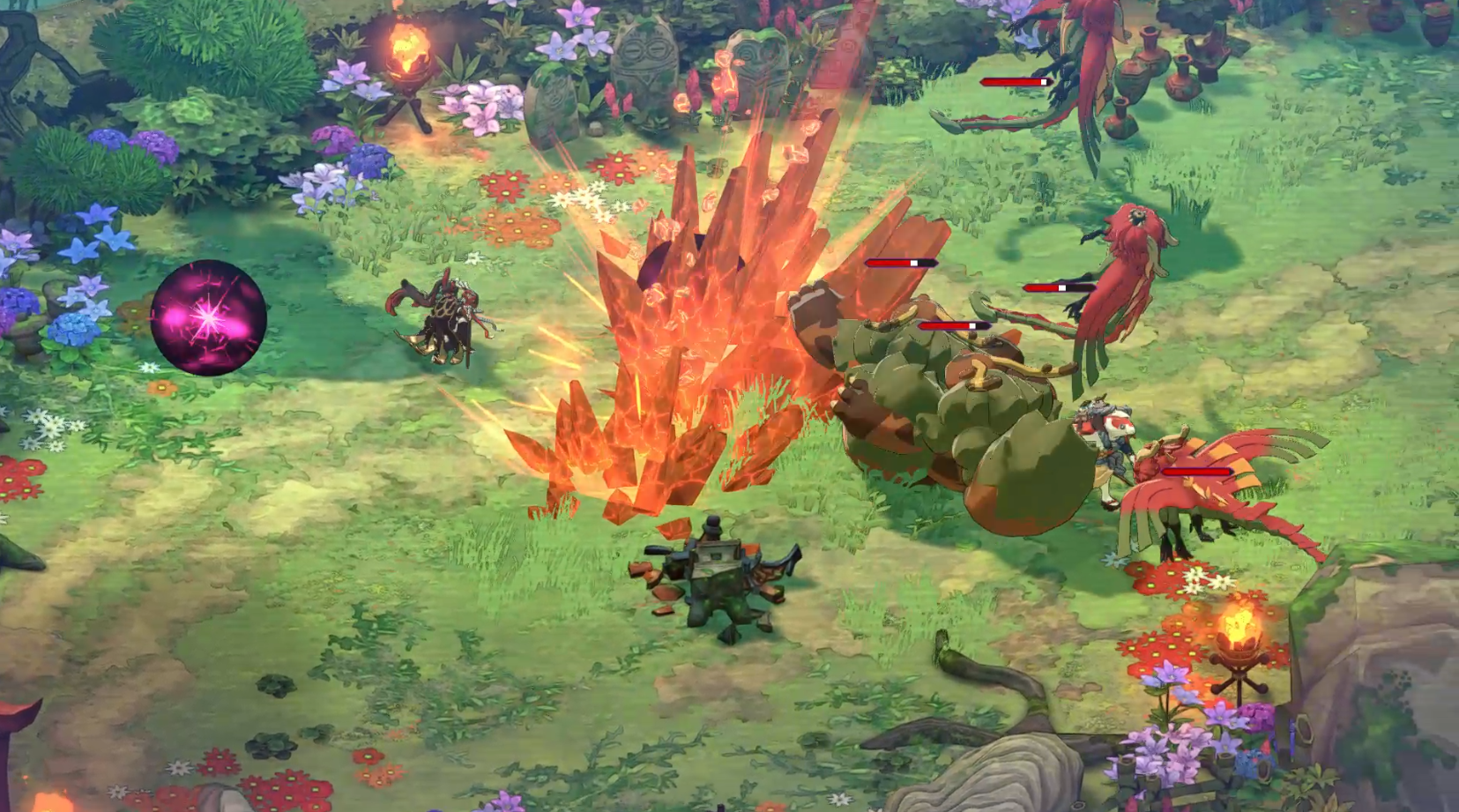 A screenshot of Towa and the Guardians of the Sacred Tree. A character creates a field of orange crystals jutting out of the ground in a grassy arena.