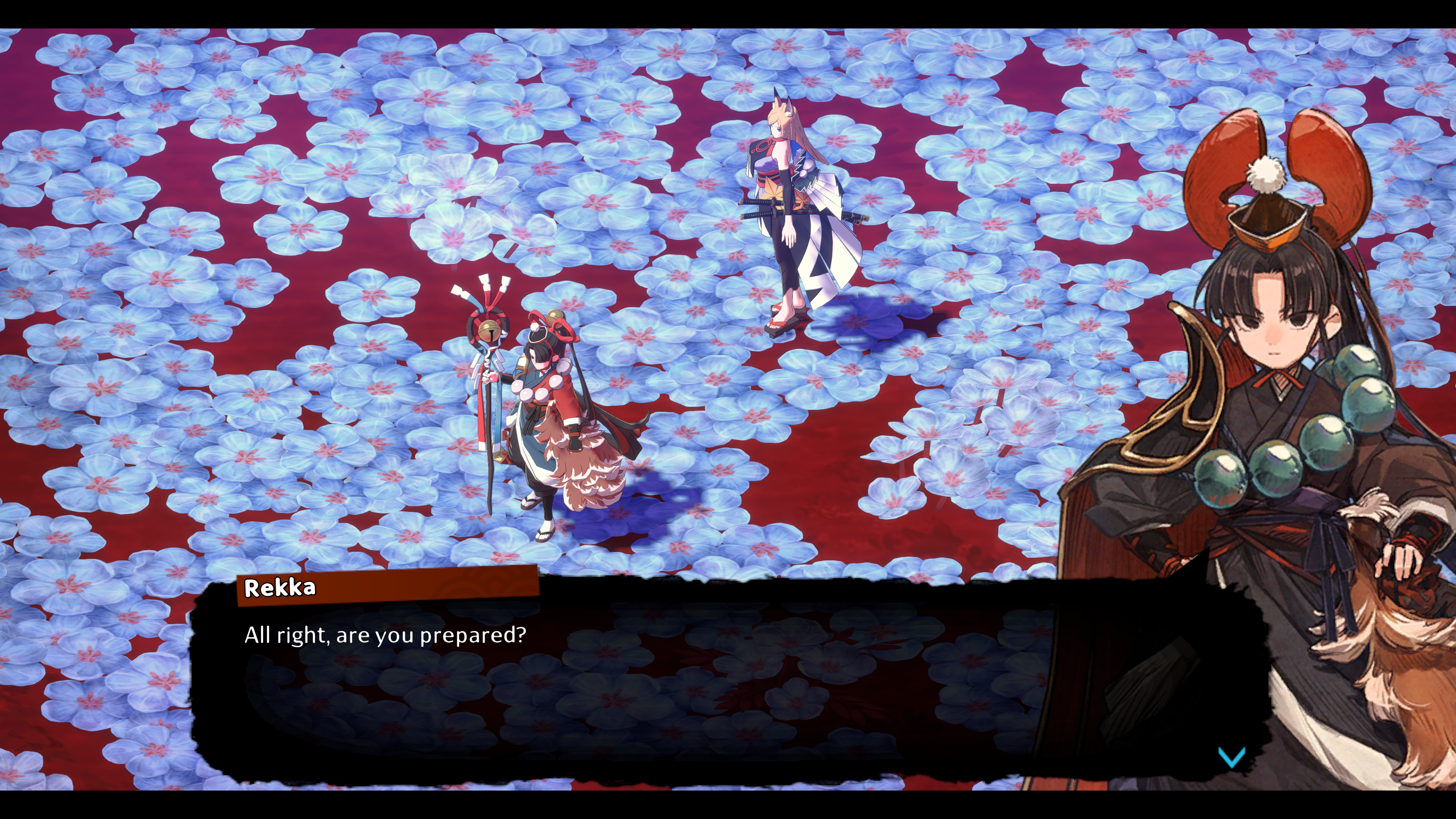 A screenshot of Towa and the Guardians of the Sacred Tree. A dialogue scene where a brown-haired warrior girl asks a woman standing behind her if she's ready. They are both standing in a field of white flowers.