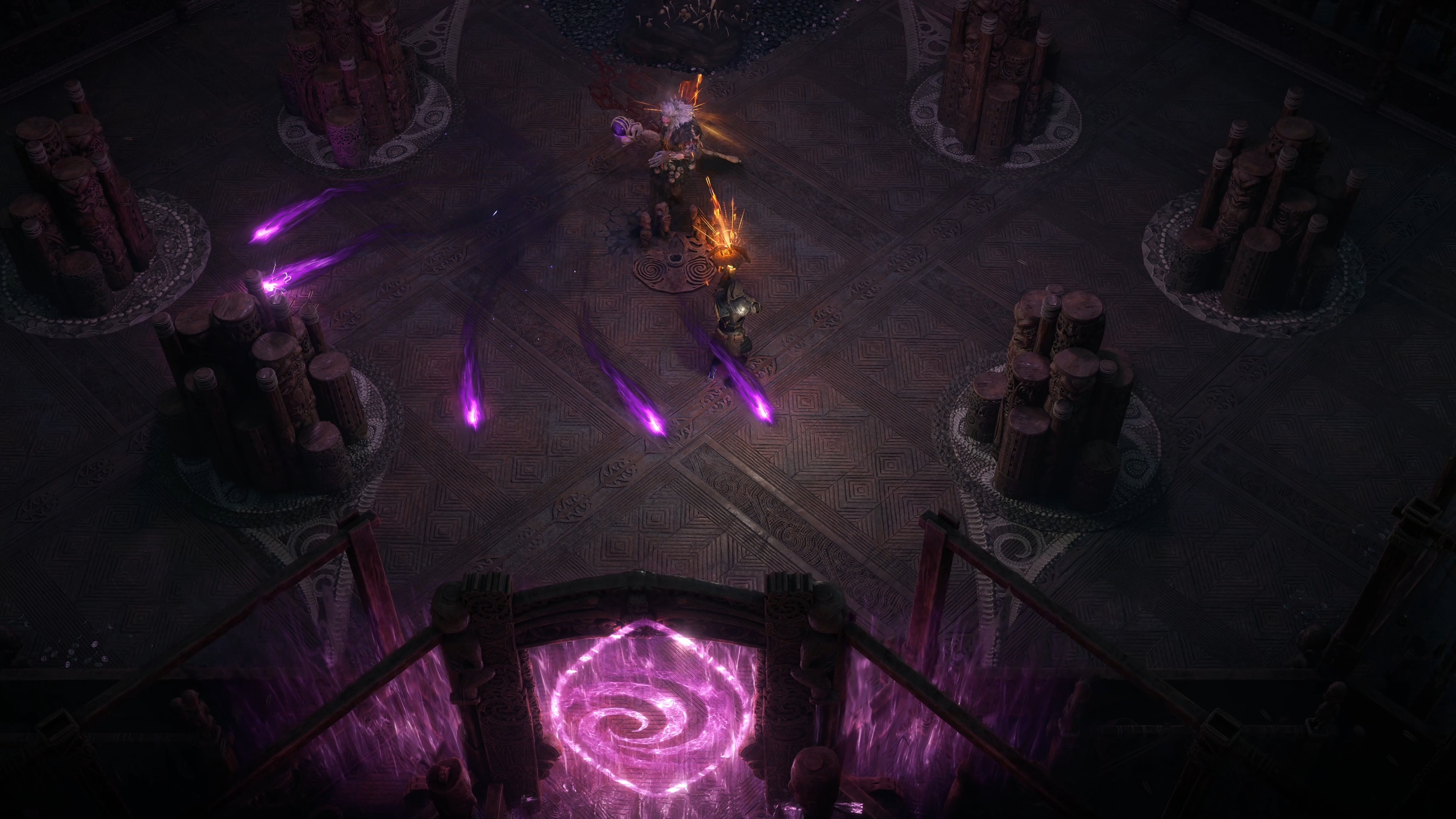 A Mercenary character fires bolts at a boss in Path of Exile 2 0.3.0.
