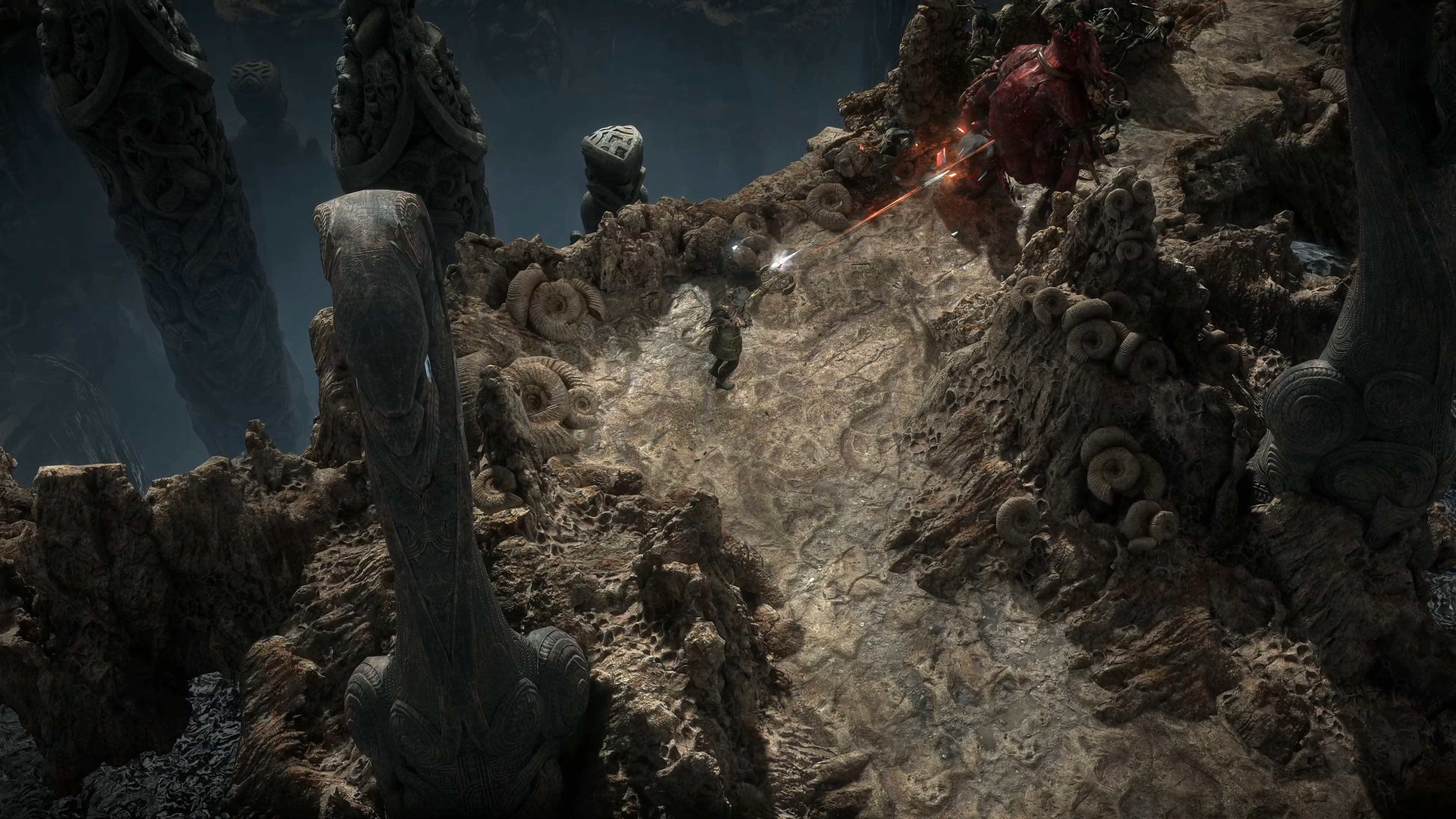 A Mercenary character fires a crossbow at a large mutated creature in Path of Exile 2 0.3.0.