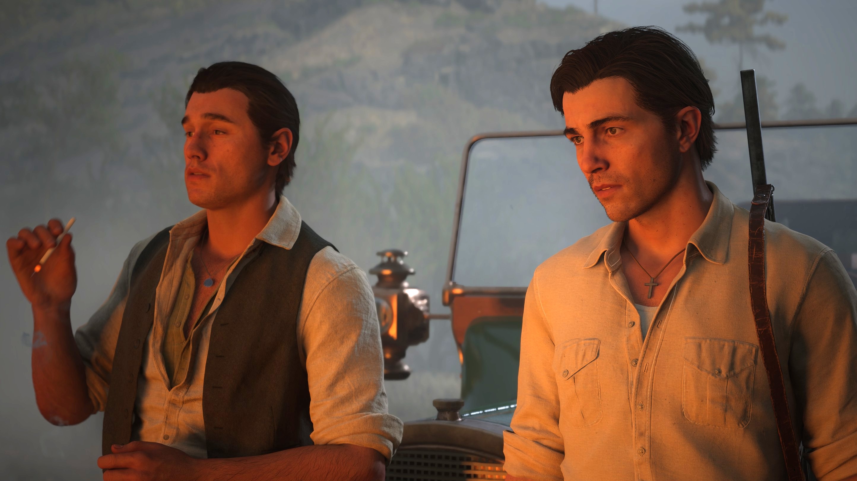 Enzo and Cesare lean against a car, faces lit by flames.