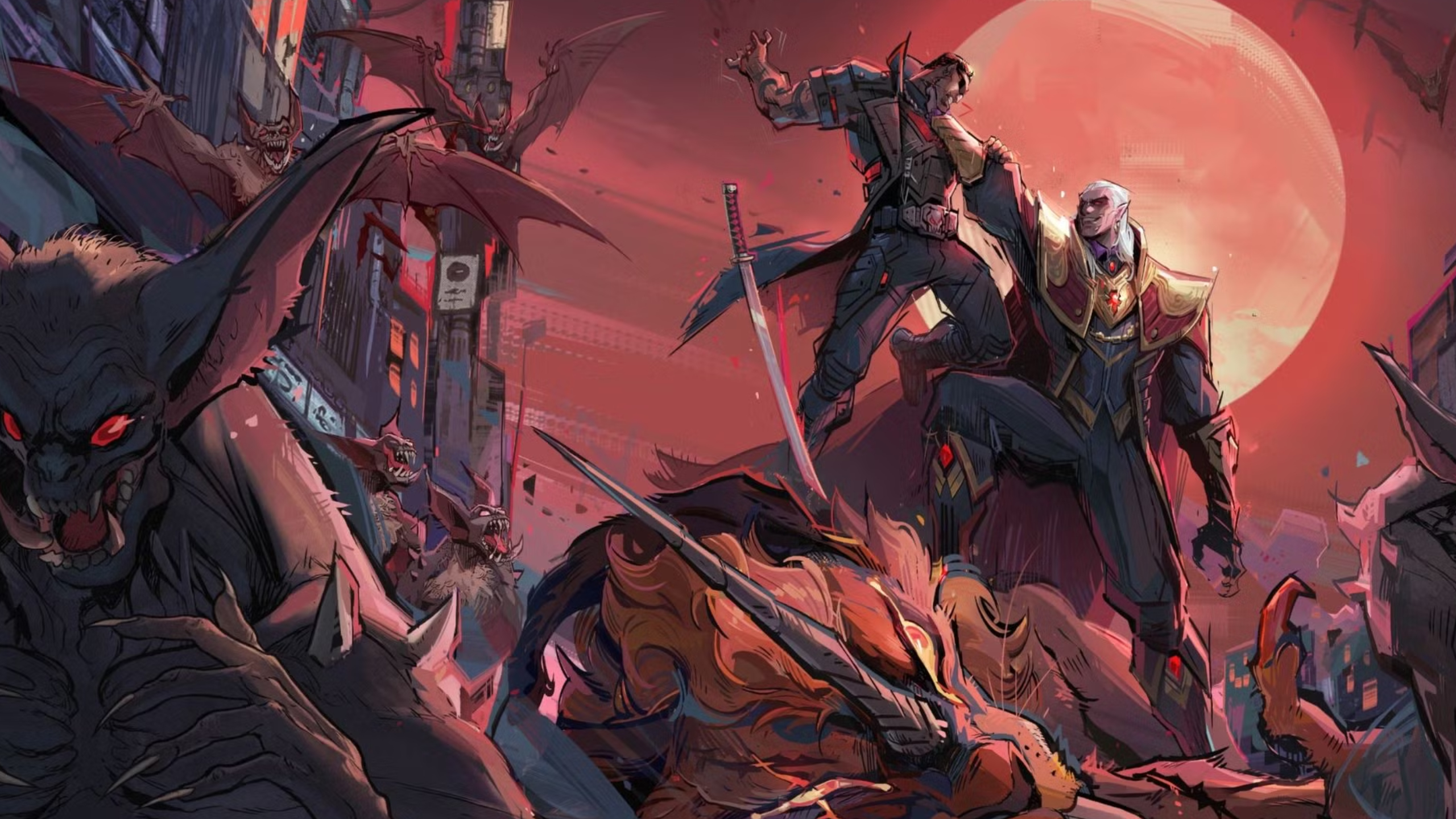 Marvel Rivals characters - Artwork for Blade, showing him being grabbed by Dracula.