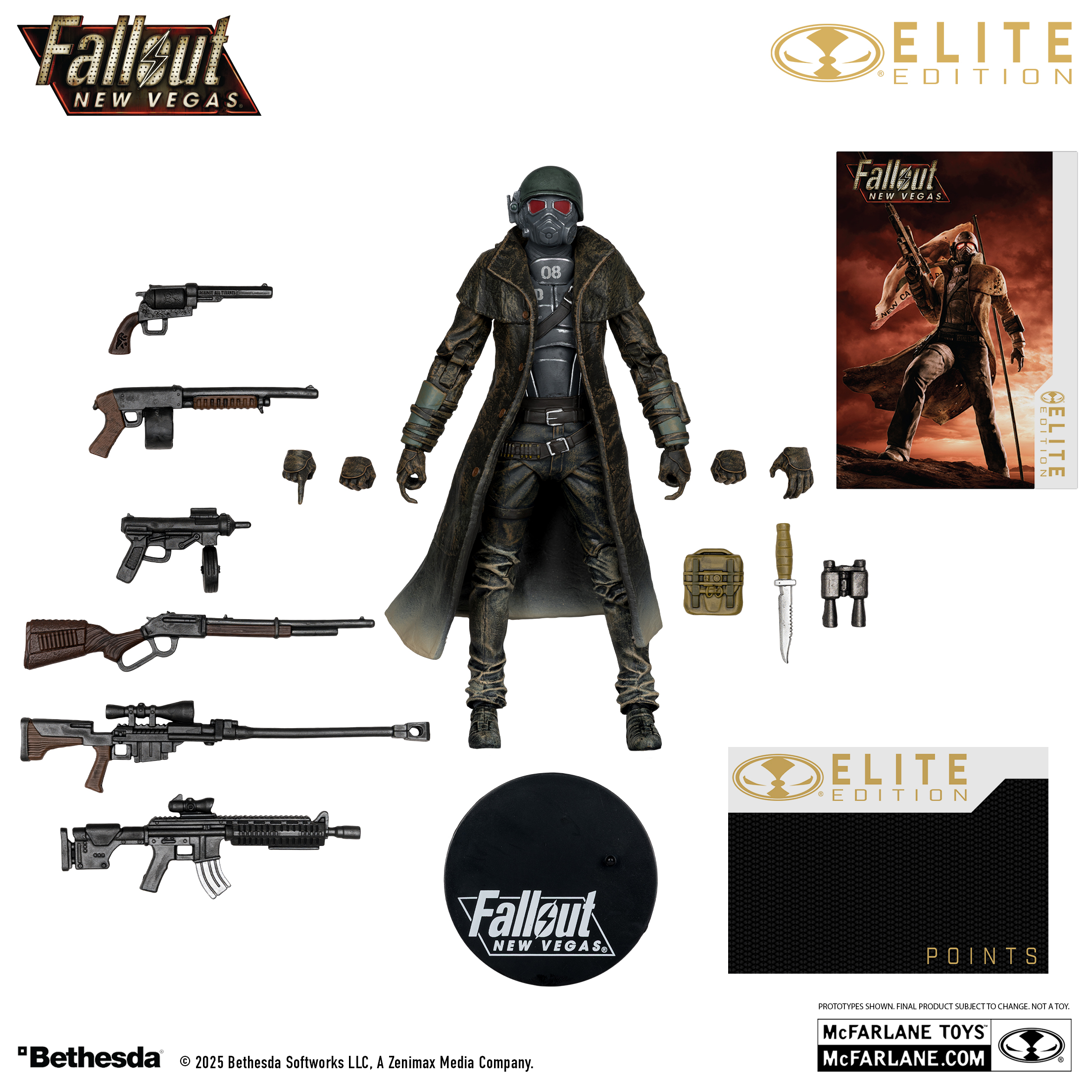 NCR Ranger action figure with all accessories laid out on white background.