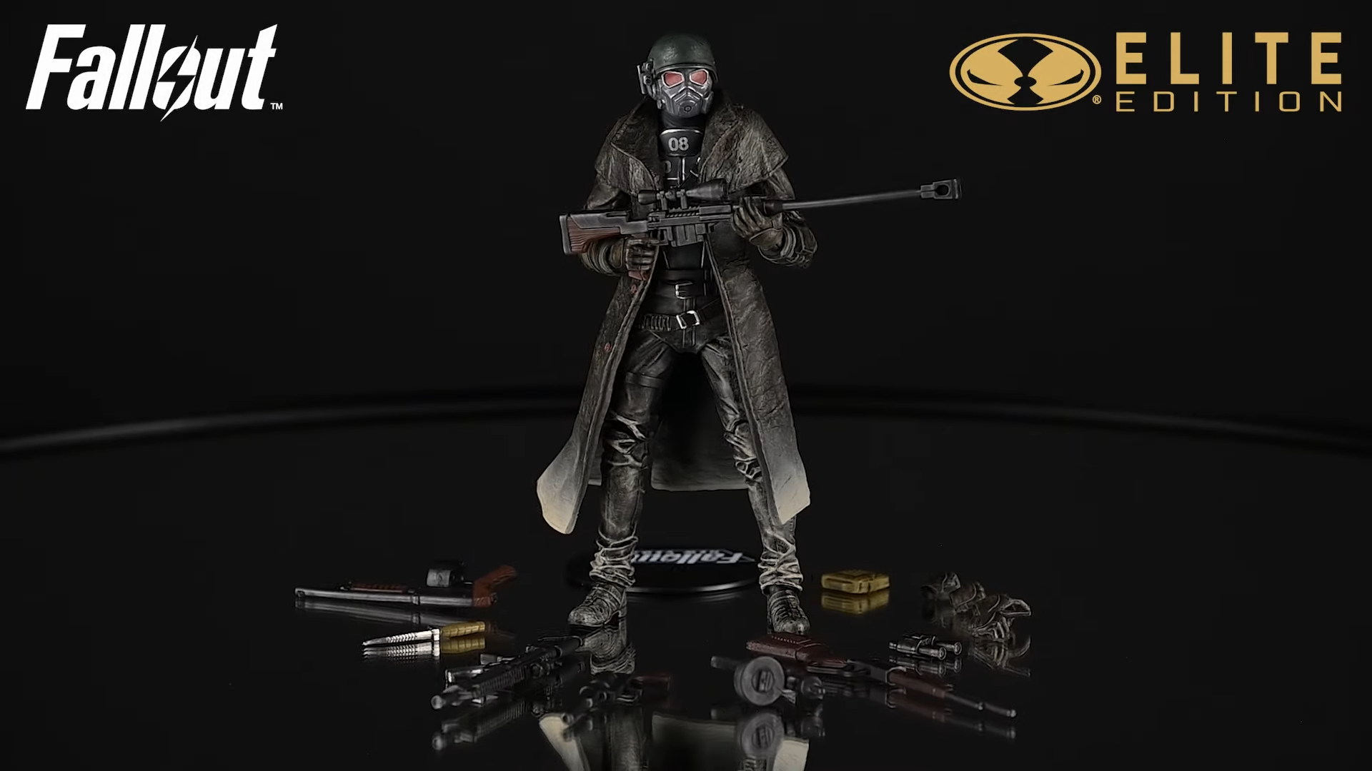 NCR Ranger action figure holding sniper rifle surrounded by ring of weapons