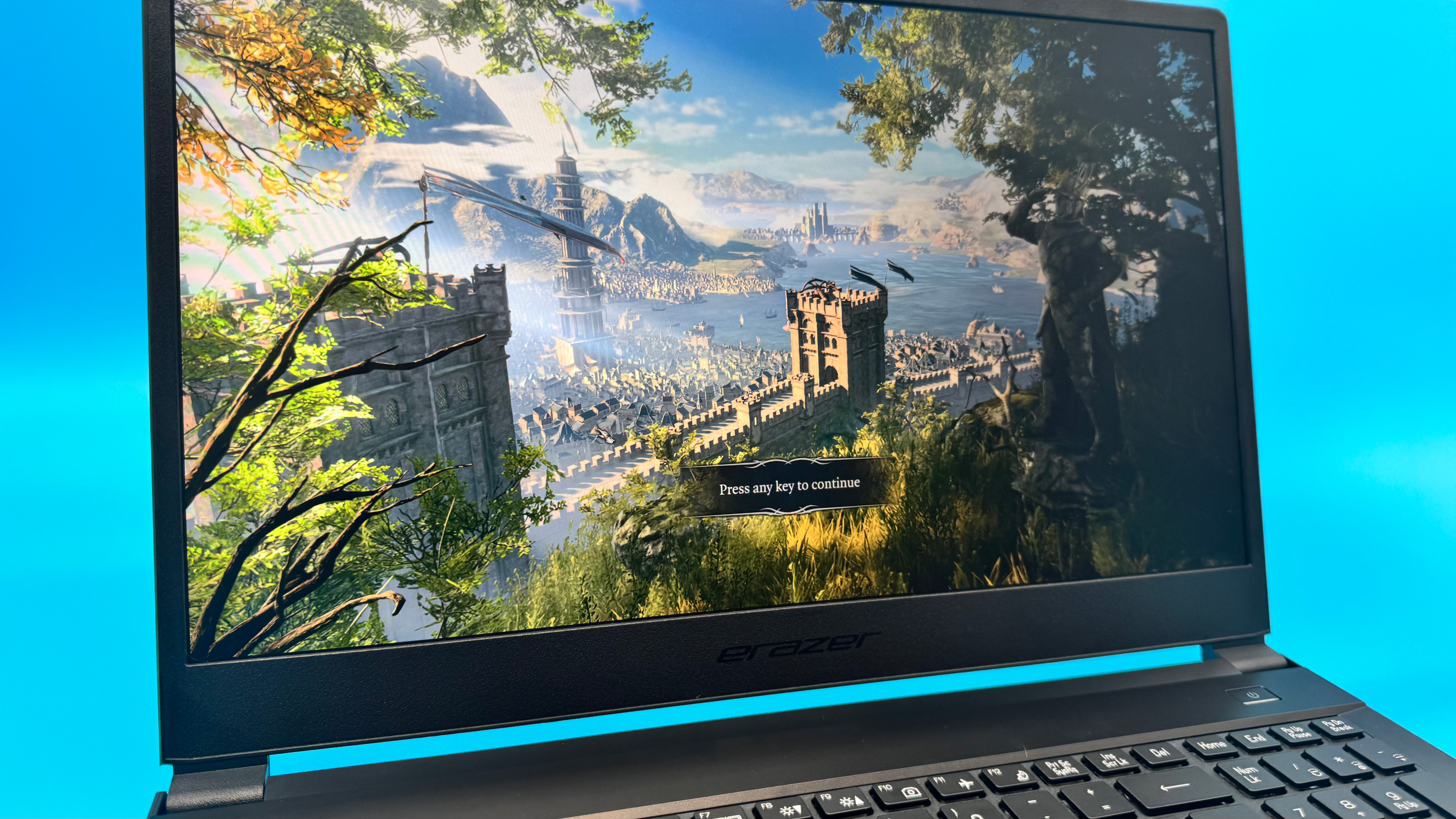 A picture of the front of the Medion Erazer Deputy 15 P1 gaming laptop with Baldur's Gate 3 on the screen