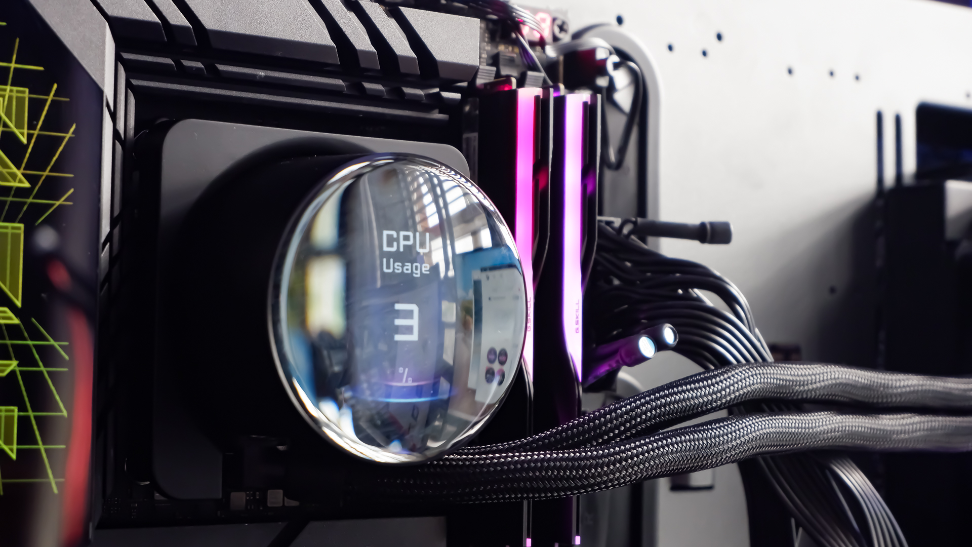 An MSI MPG CoreLiquid P13 all-in-one liquid cooler on a desk and installed onto a test bench for testing.