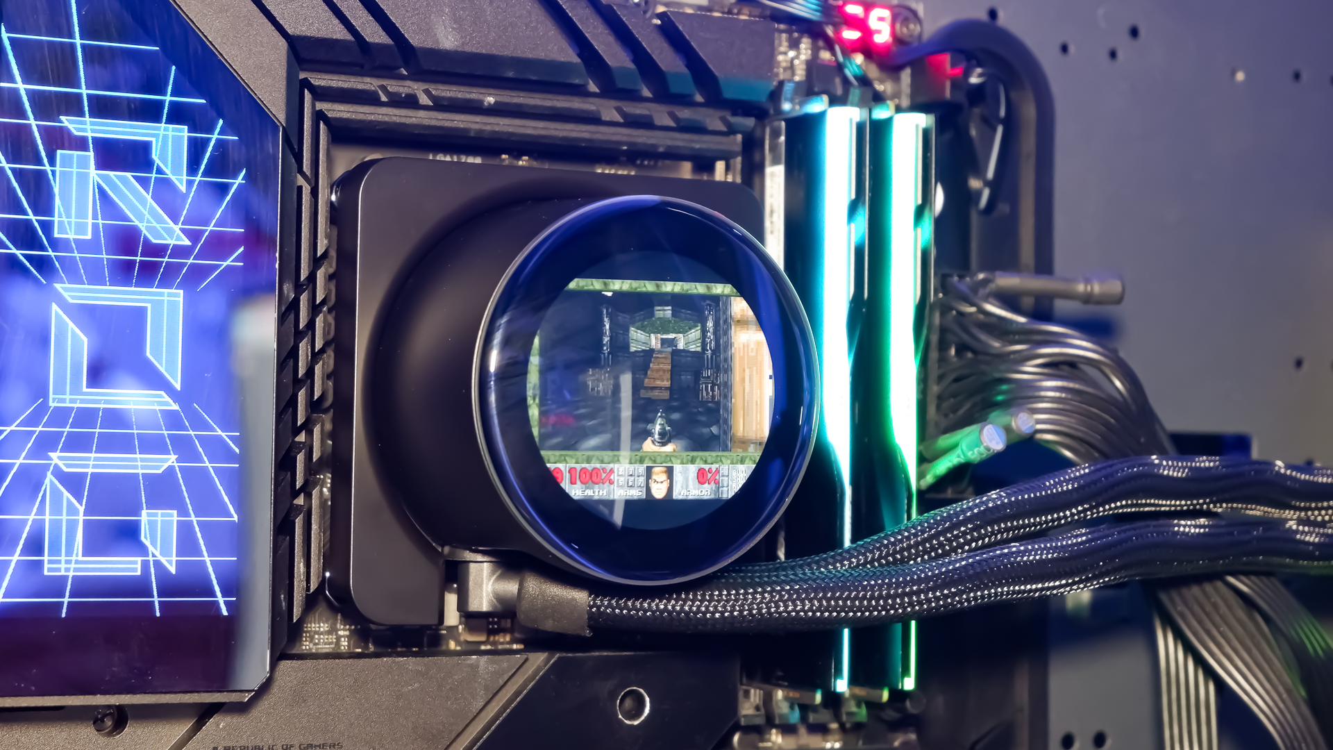 An MSI MPG CoreLiquid P13 all-in-one liquid cooler on a desk and installed onto a test bench for testing.