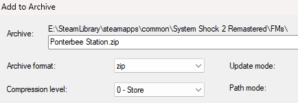 7zip archive creation screenshot showing zip file format, 0 compression for Ponterbee Station files.