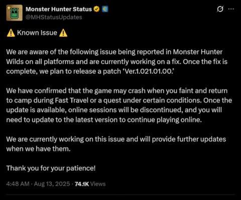 Pity poor Capcom: Monster Hunter Wilds’ latest patch introduced a new crash bug, developers are working on it and ‘will provide further updates when we have them’