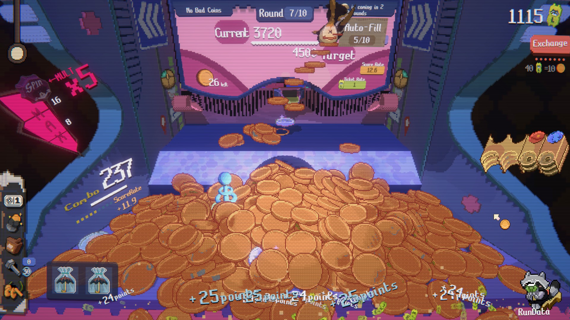 Several screenshots displaying Raccoin: Coin Pusher Roguelike.