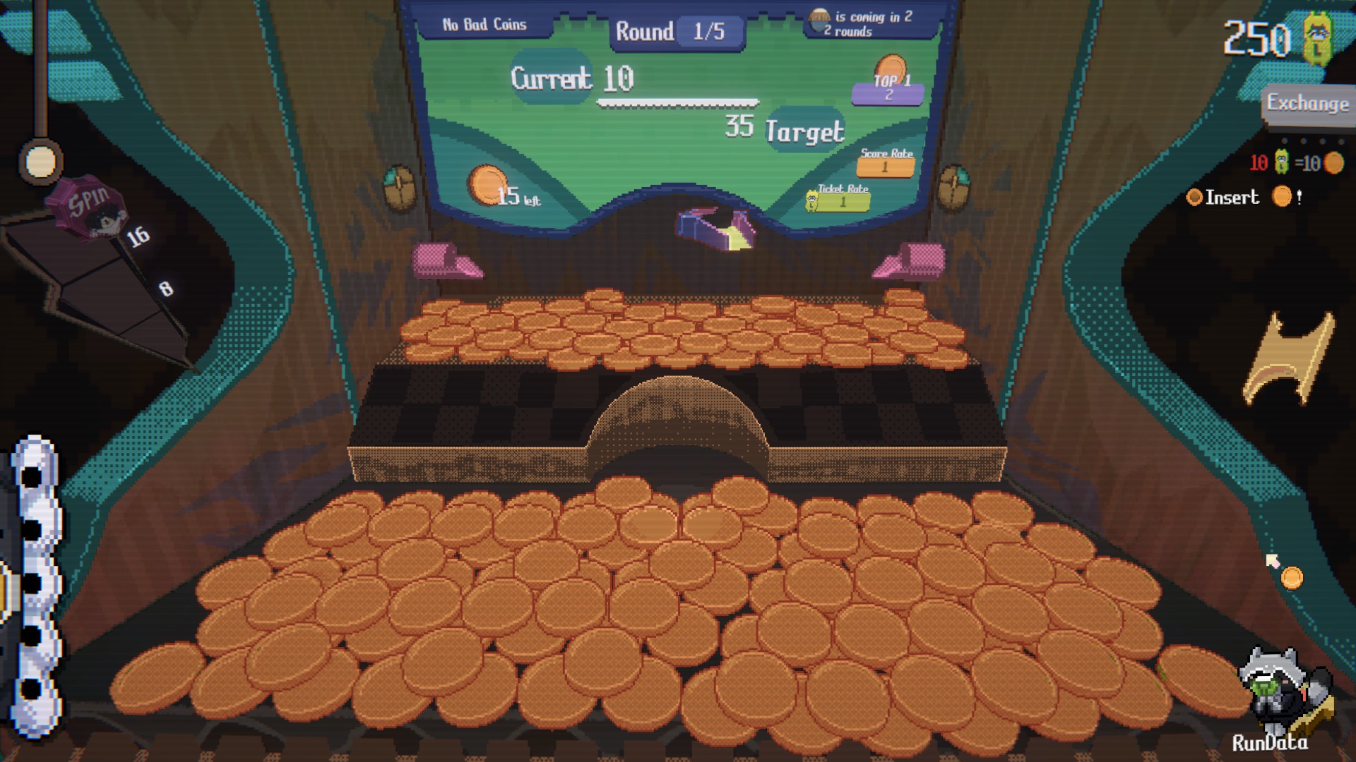 Several screenshots displaying Raccoin: Coin Pusher Roguelike.