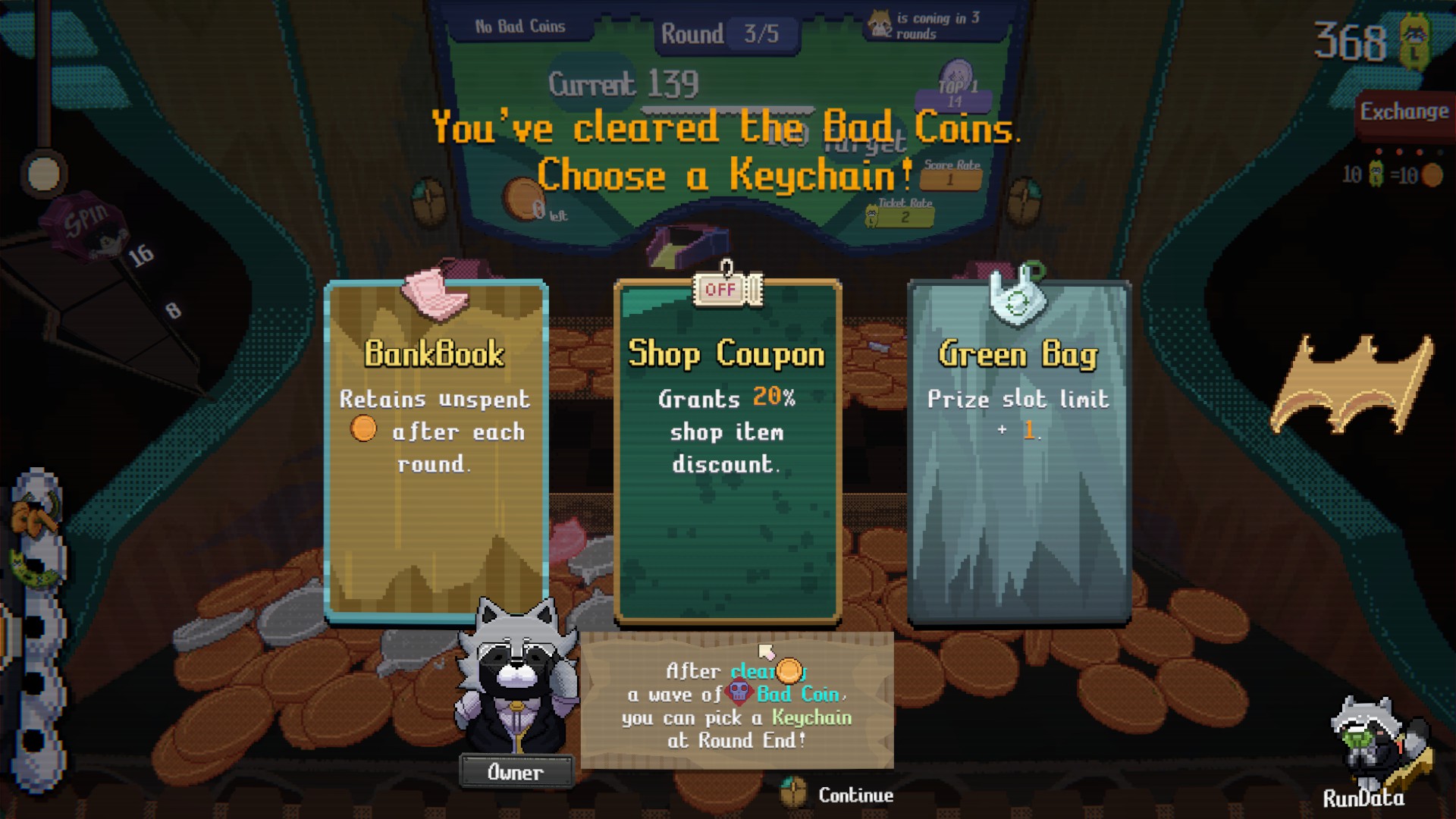Several screenshots displaying Raccoin: Coin Pusher Roguelike.