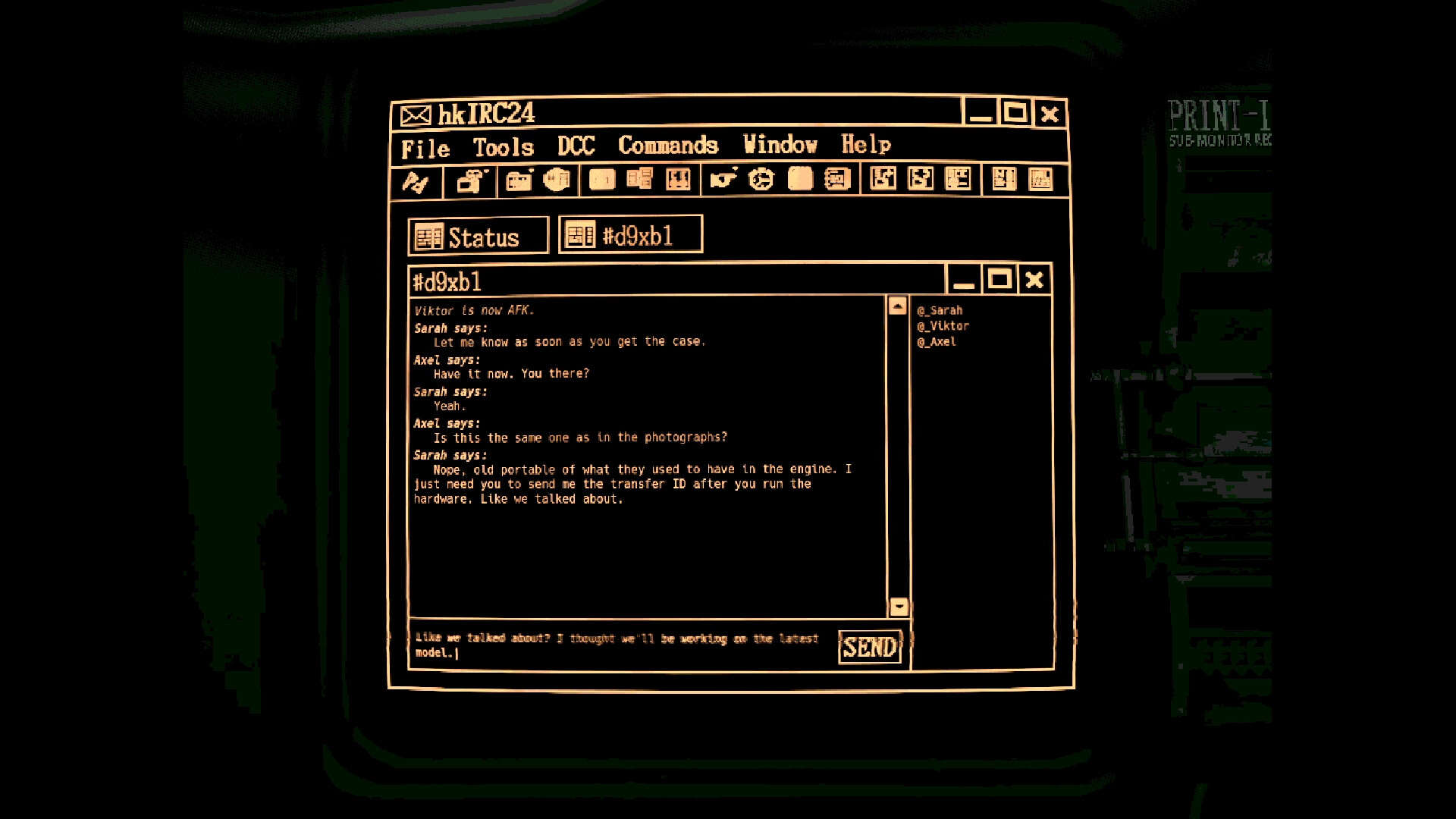 Image from horror game split by Mike Klubnika of a glowing orange computer terminal in a grungy room.