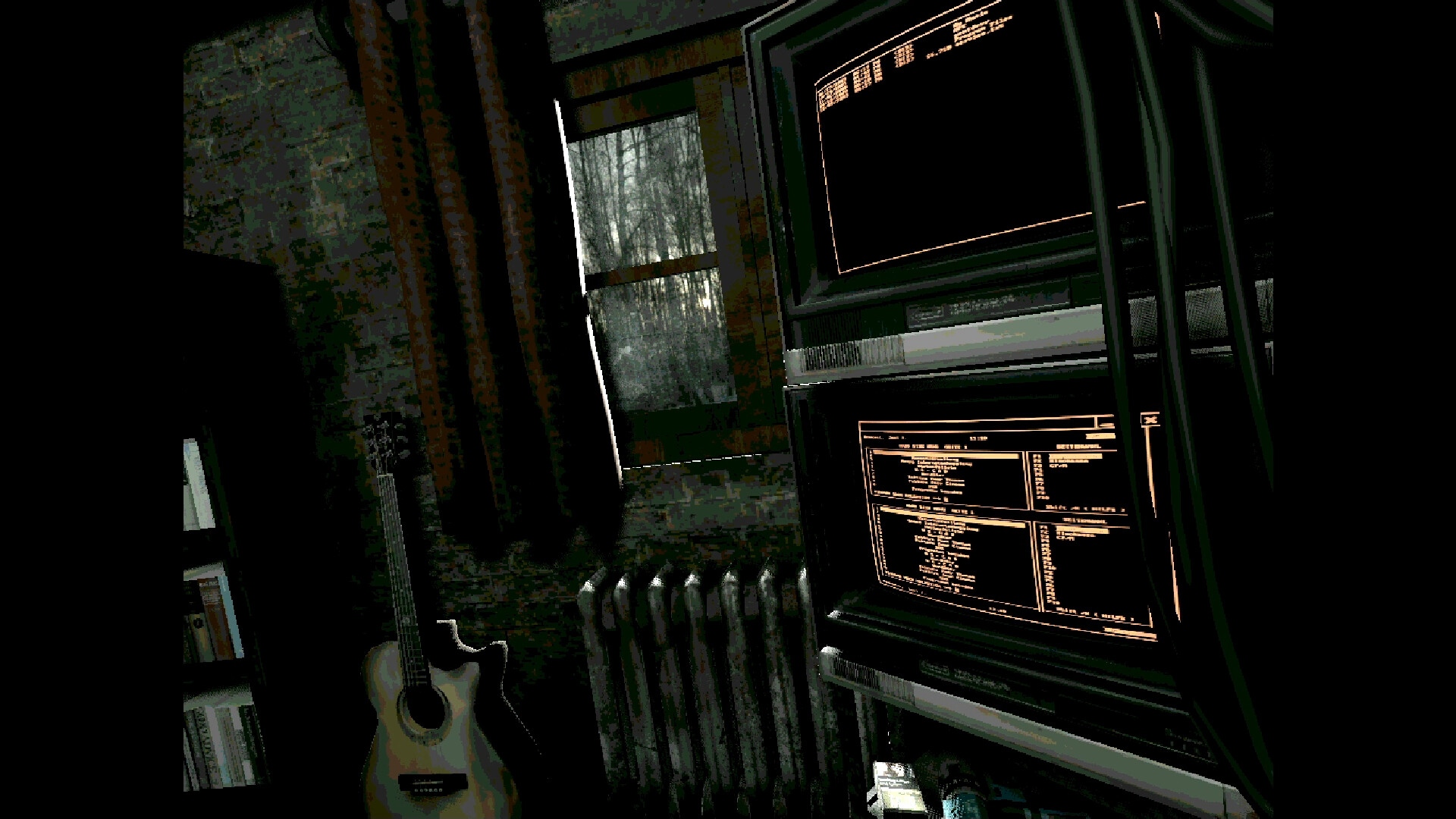 Image from horror game split by Mike Klubnika of a glowing orange computer terminal in a grungy room.