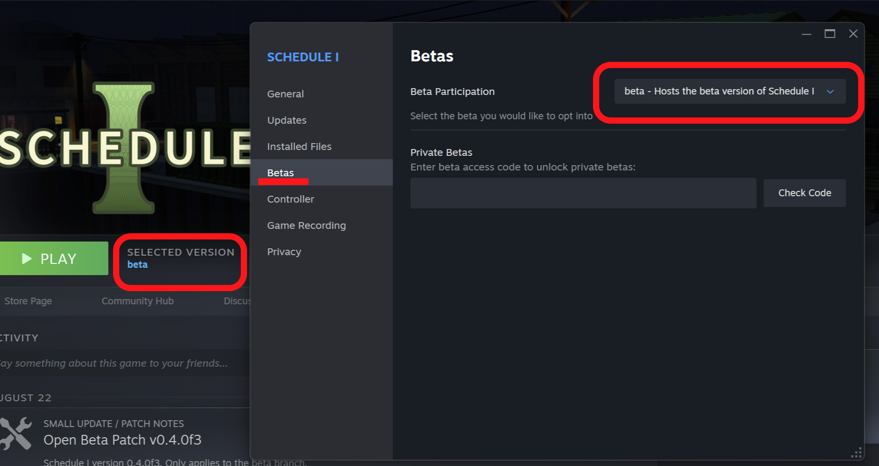 The properties menu to access the Schedule 1 beta on Steam. The beta dropdown is highlighted in red.