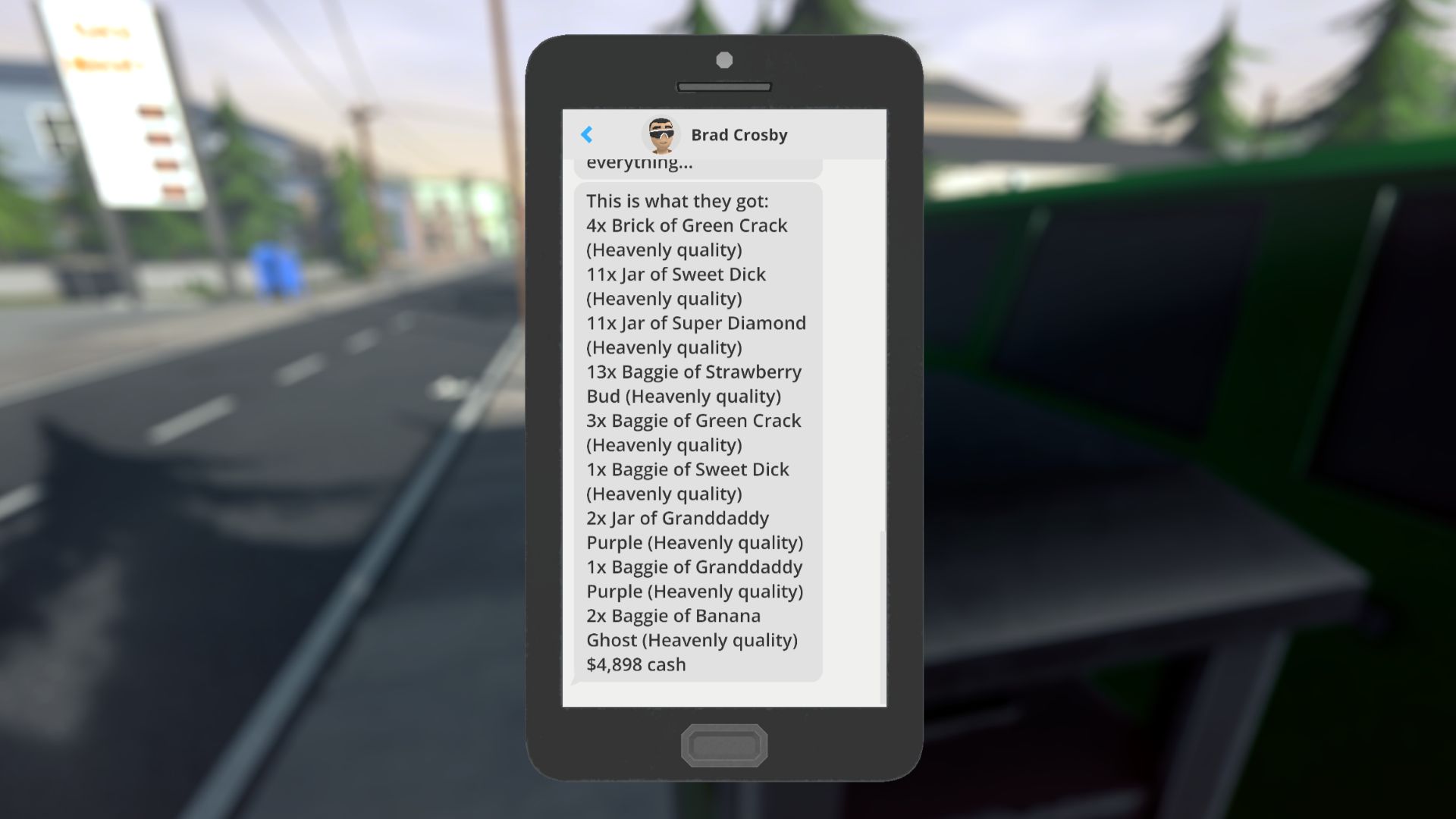 The cellphone menu in Schedule 1, showing a text message from Brad Crosby. In the message, he's listing out everything the Rival Cartel stole from him.