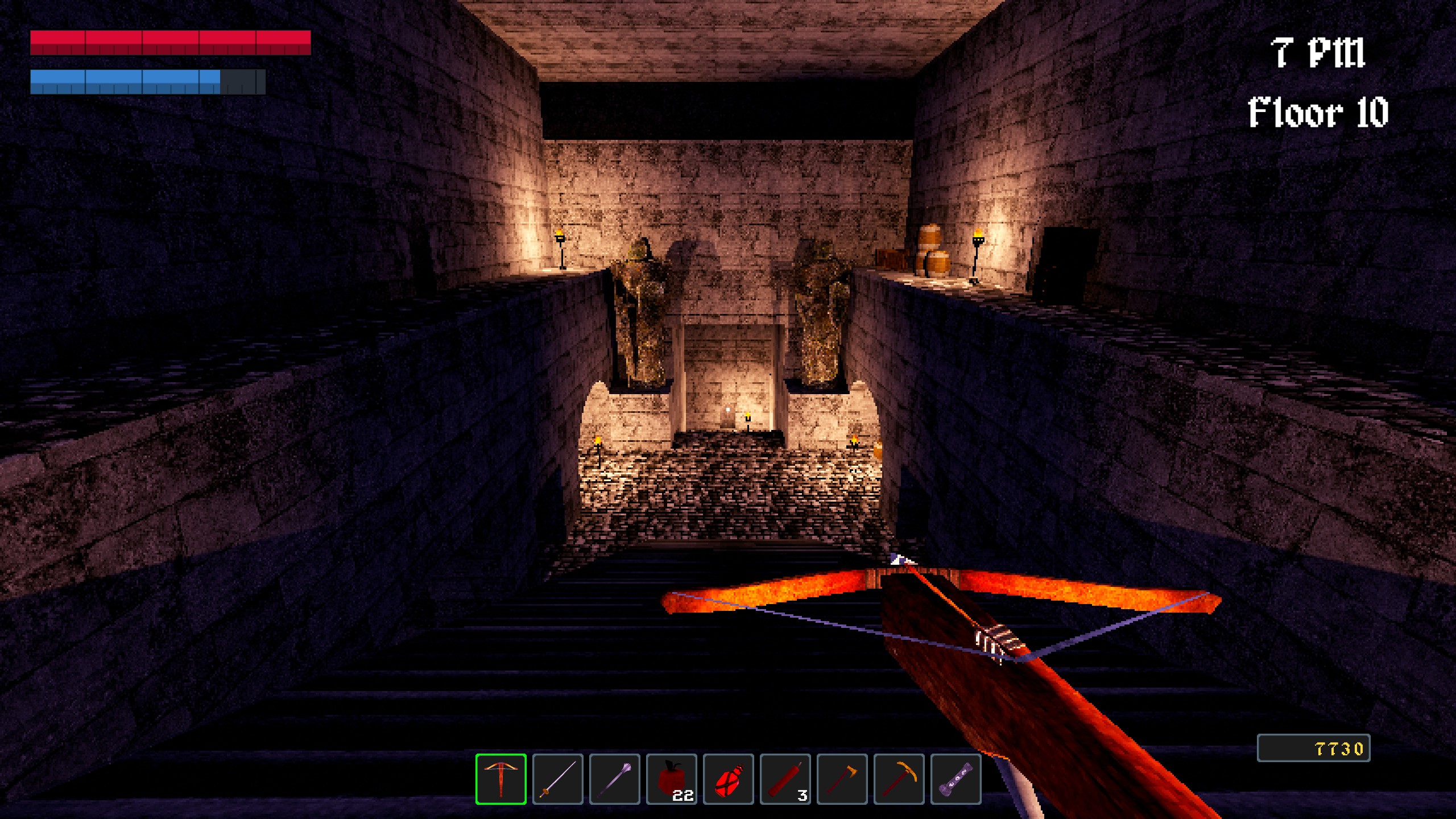 First person view crossbow pointed down stairwell in large dungeon interior in Nox Mortalis