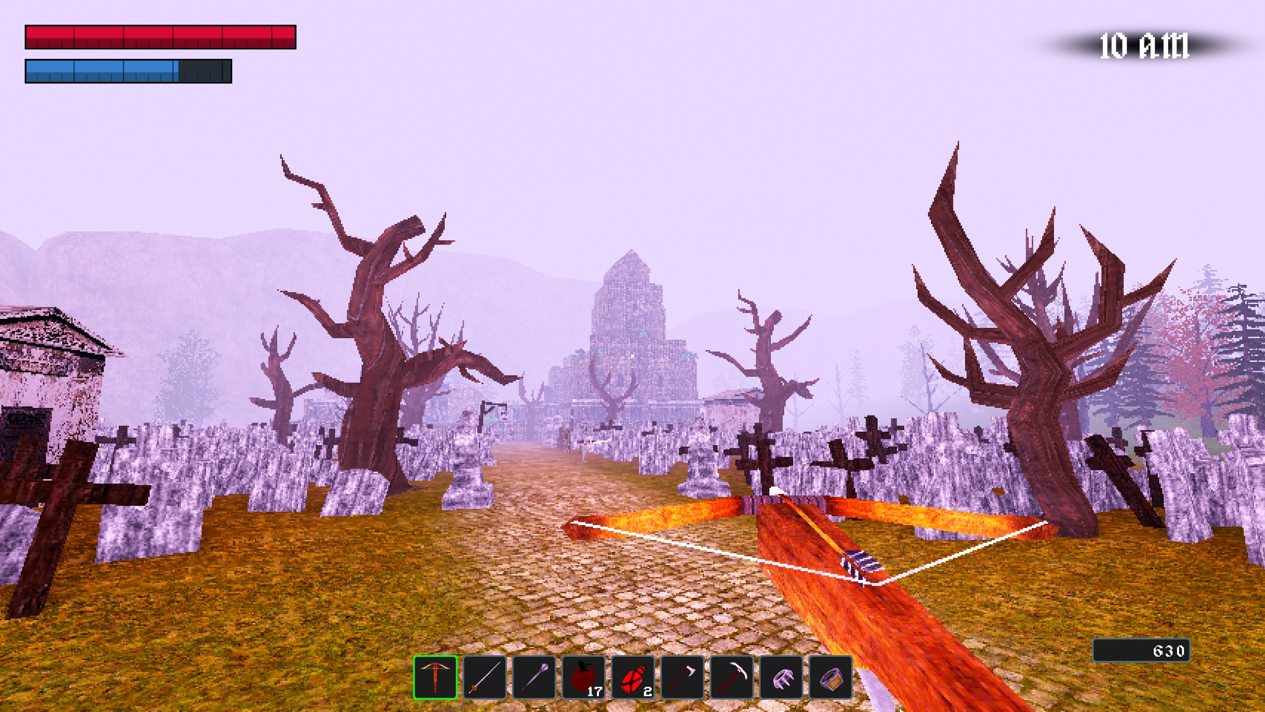 First person view crossbow pointed toward necropolis in Nox Mortalis