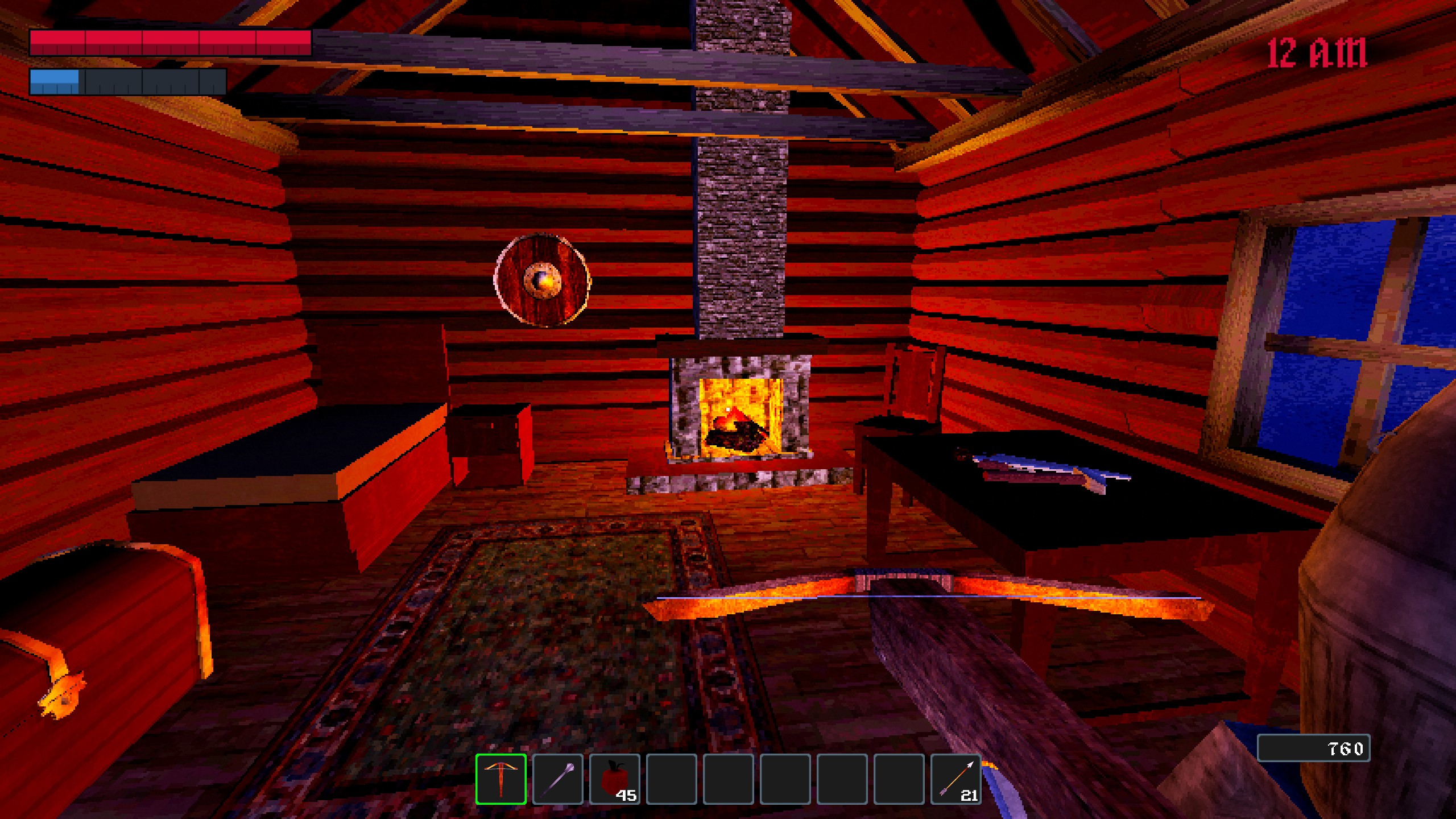 First person view crossbow pointed toward cozy log cabin room in Nox Mortalis