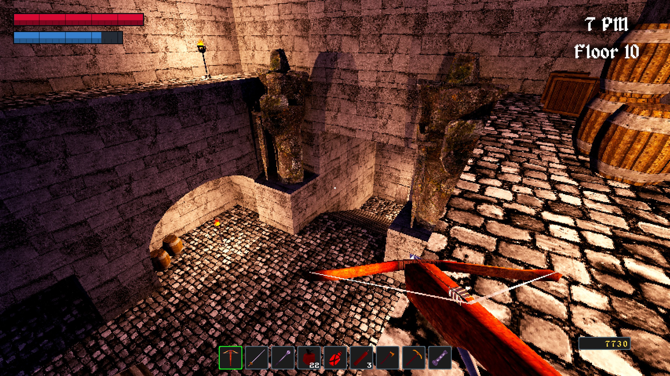 First person view crossbow pointed down toward large dungeon room in Nox Mortalis
