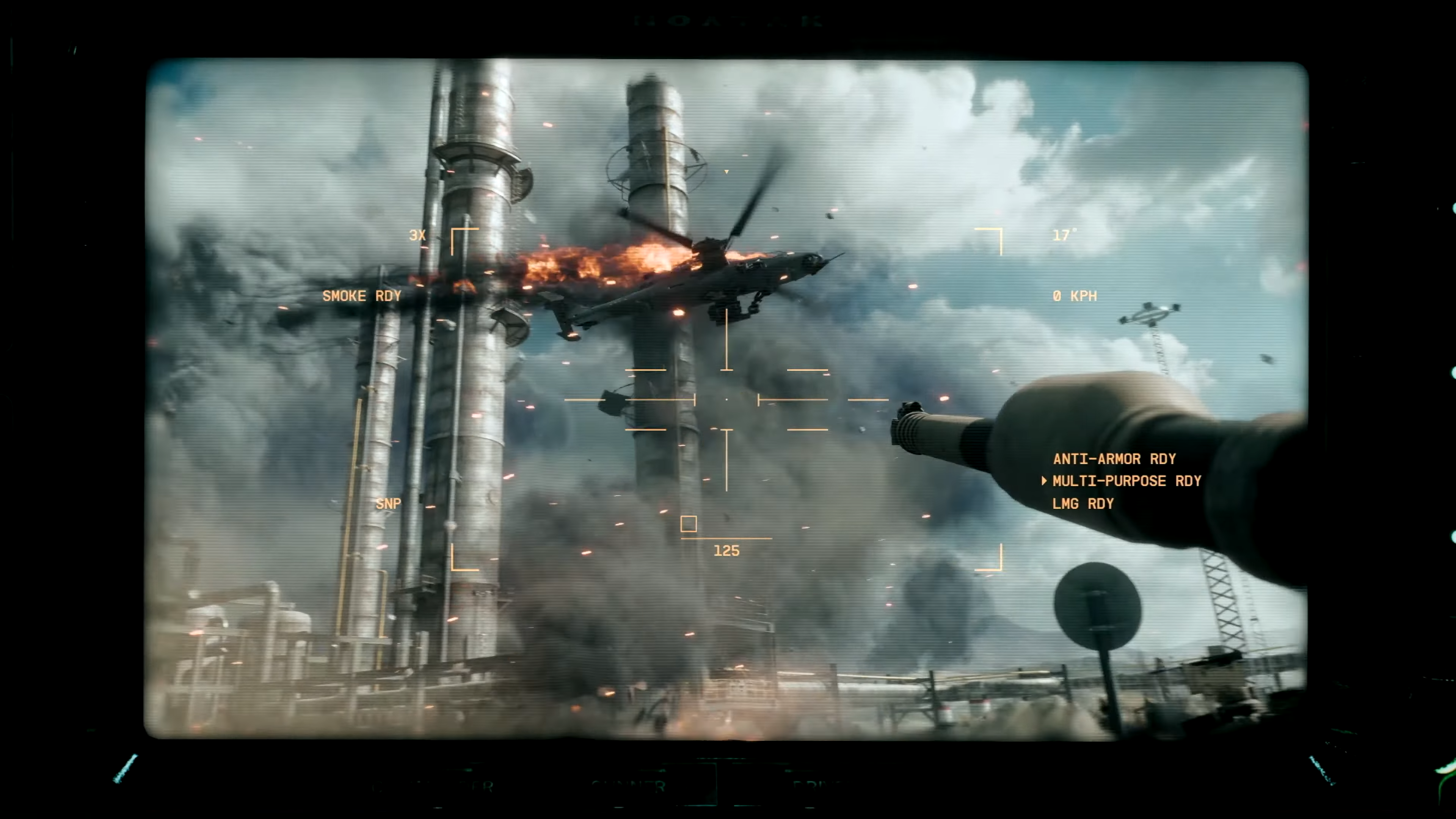 A helicopter on fire after being hit by a tank shell in Battlefield 6.