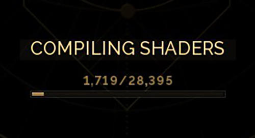 A compiling shaders screen showing 1,719 of 28,395 shaders compiled