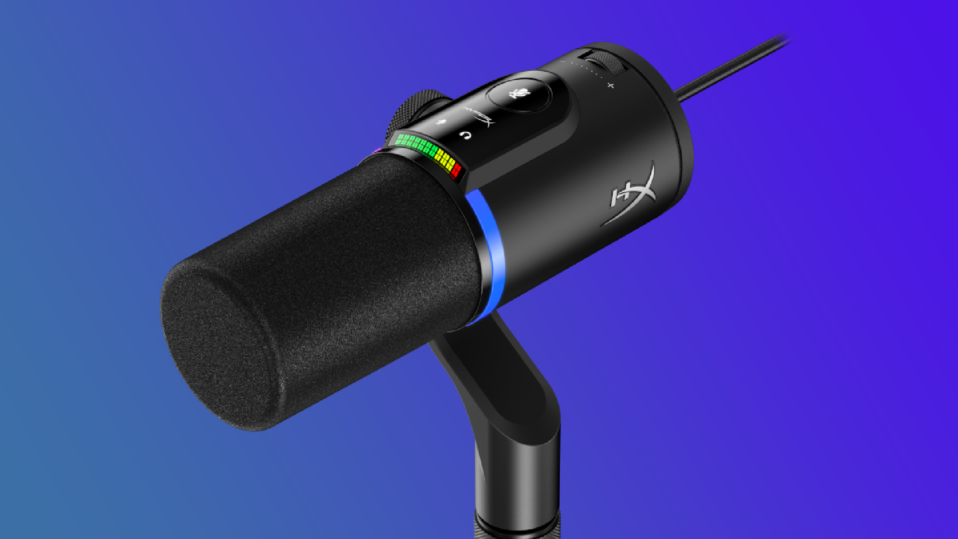 The HyperX FlipCast gaming microphone on a blue gradient background