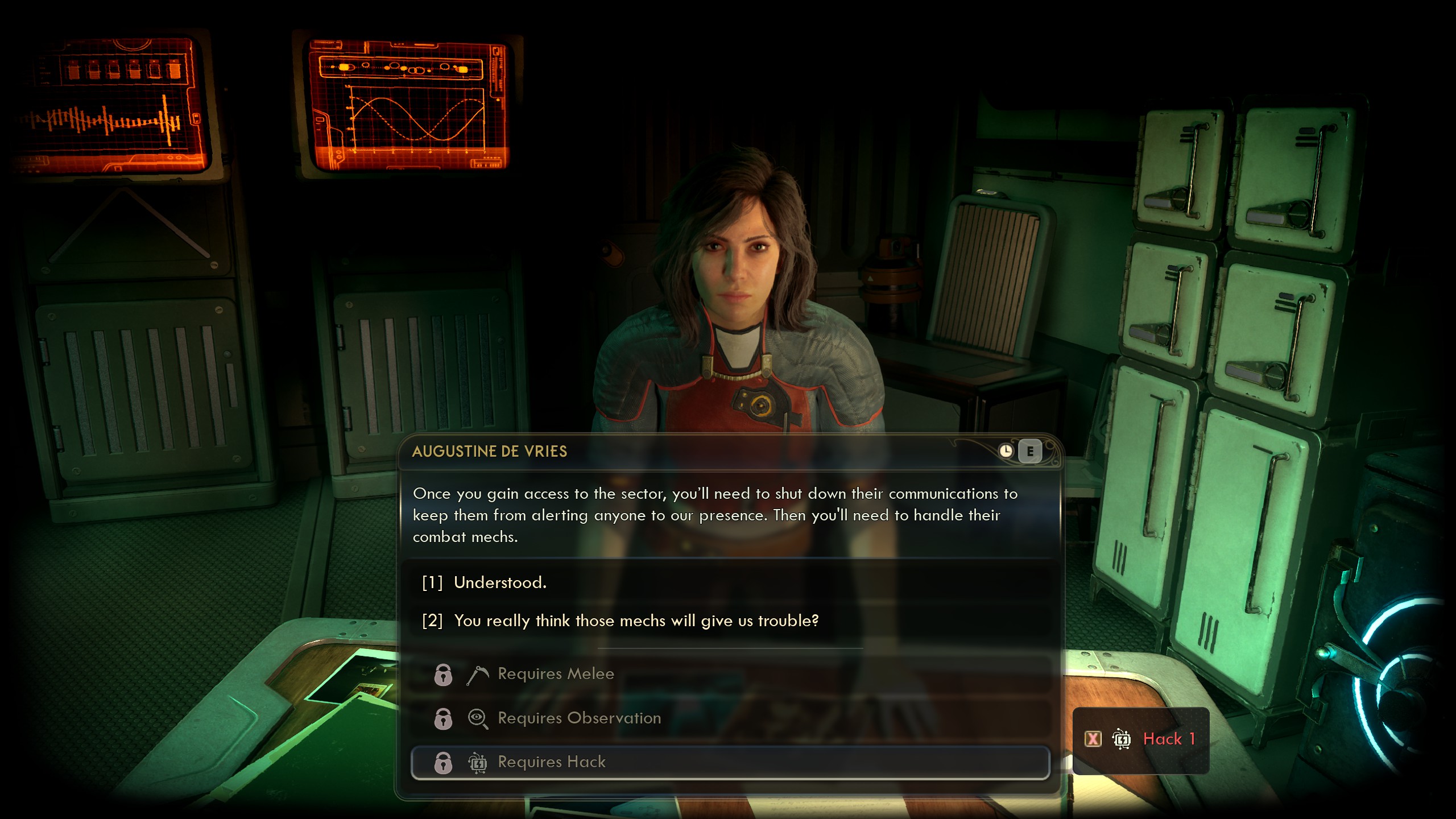 Conversation with a number of greyed out options in The Outer Worlds 2