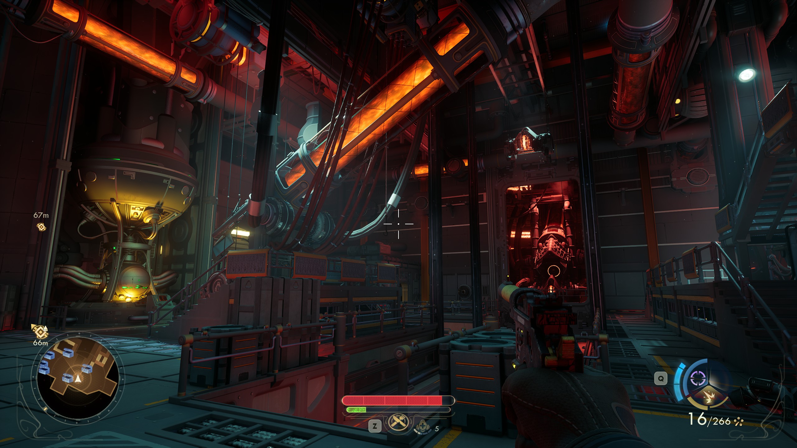 Large industrial room with glowing orange pipes in The Outer Worlds 2