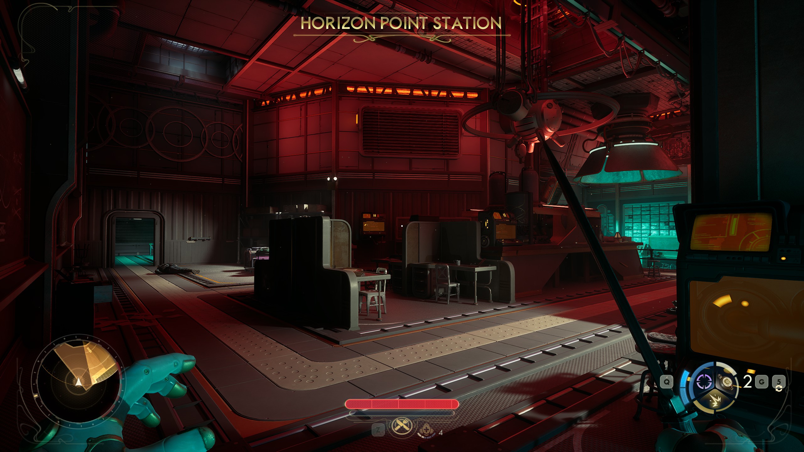 Holding knife looking at empty industrial room in The Outer Worlds 2.