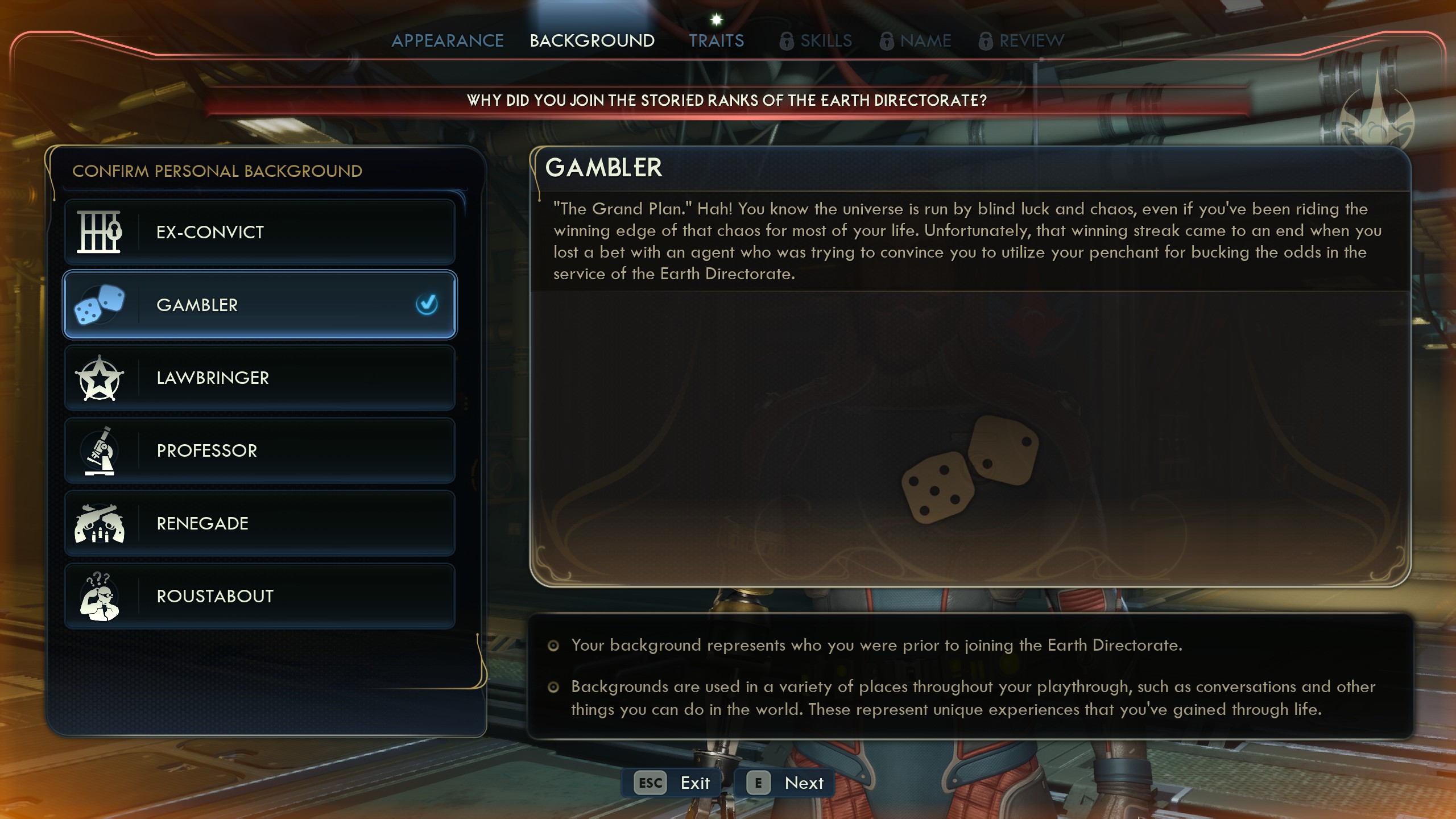 Outer Worlds character creation screen showing traits including