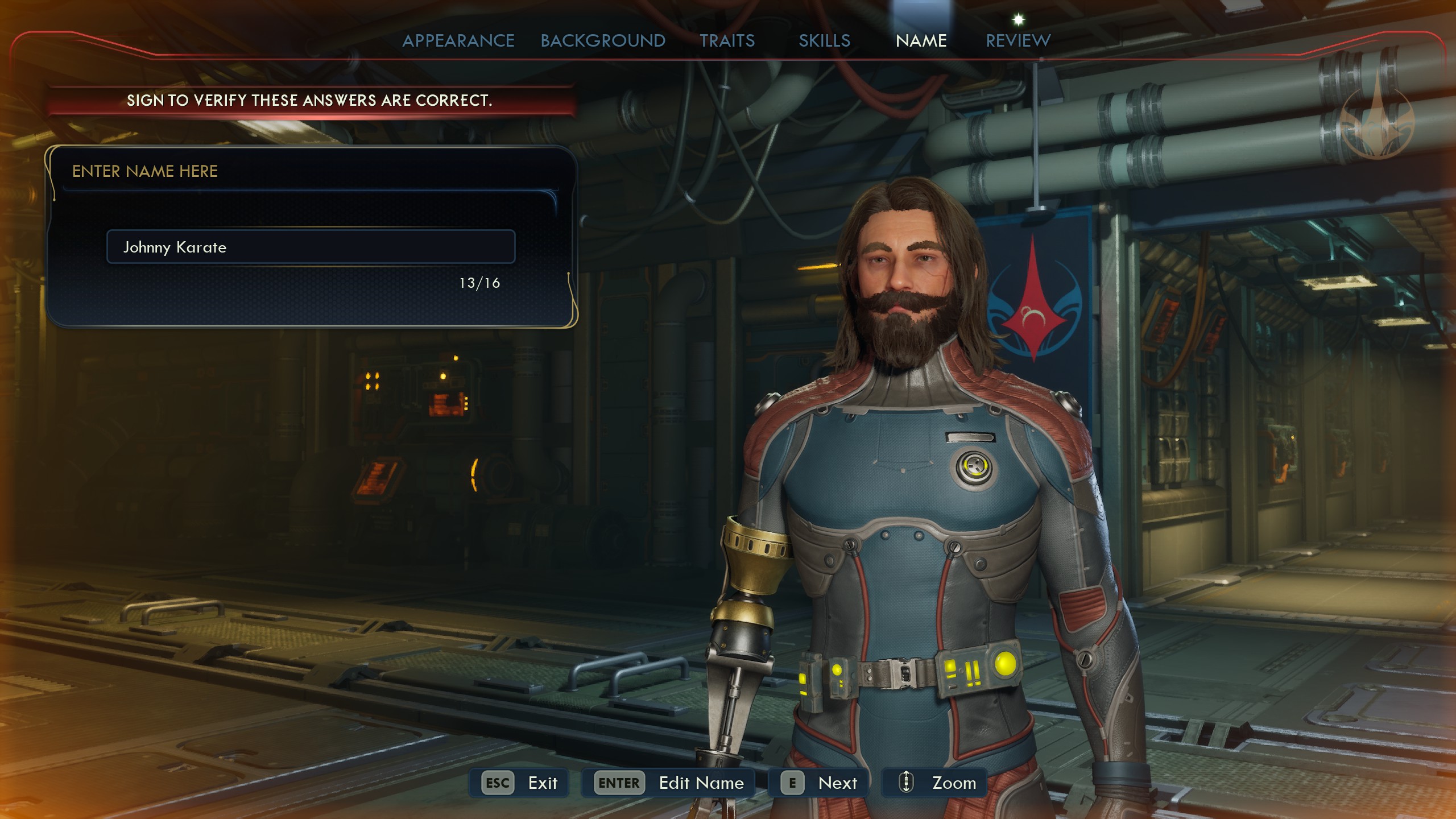 Outer Worlds character creation showing character named