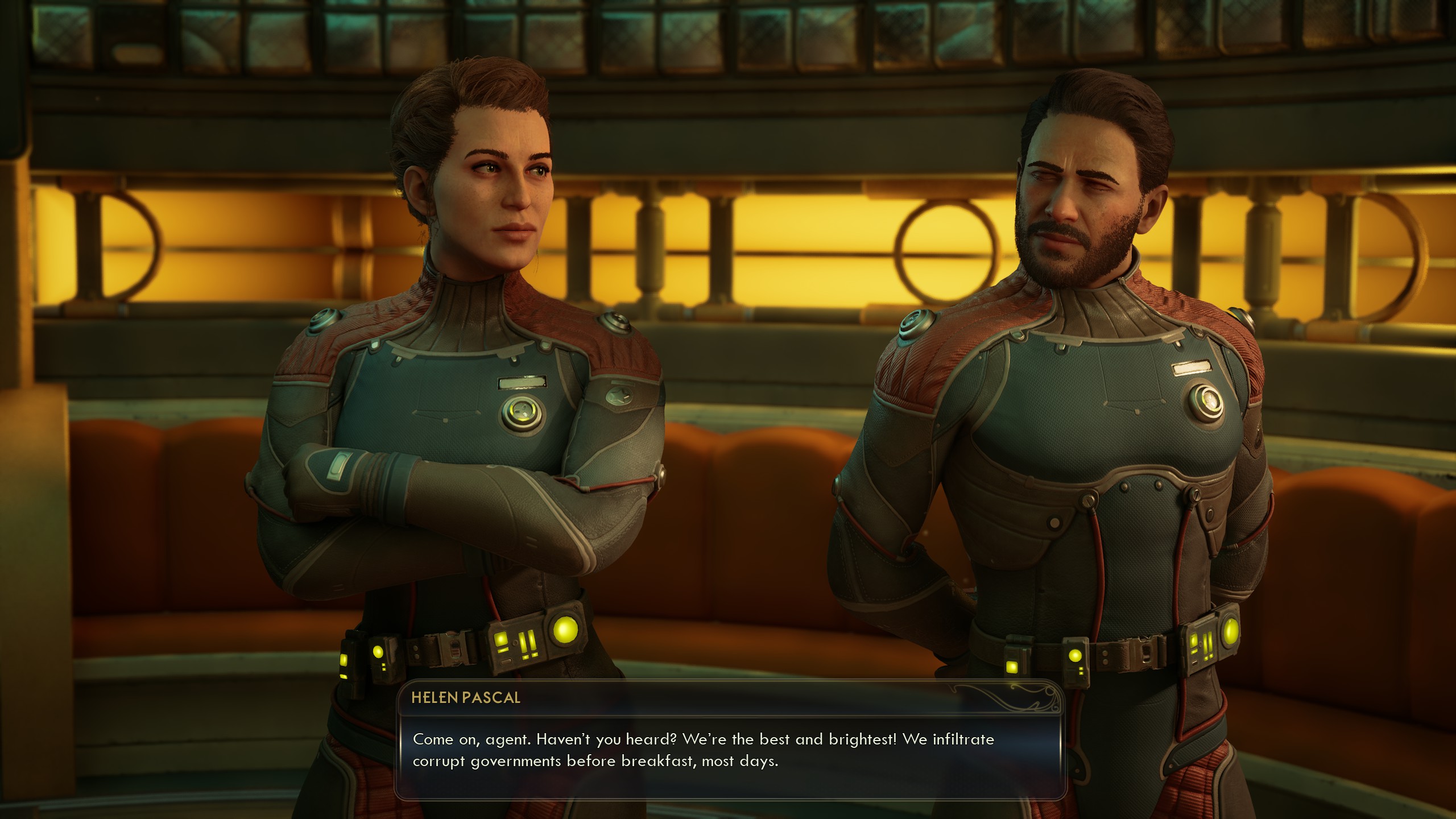 Outer Worlds dialogue screen showing unique camera angle