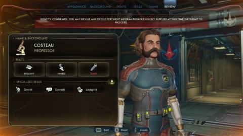 Outer Worlds character creation showing character named Costeau resembling Disco Elysium protagonist and with professor background