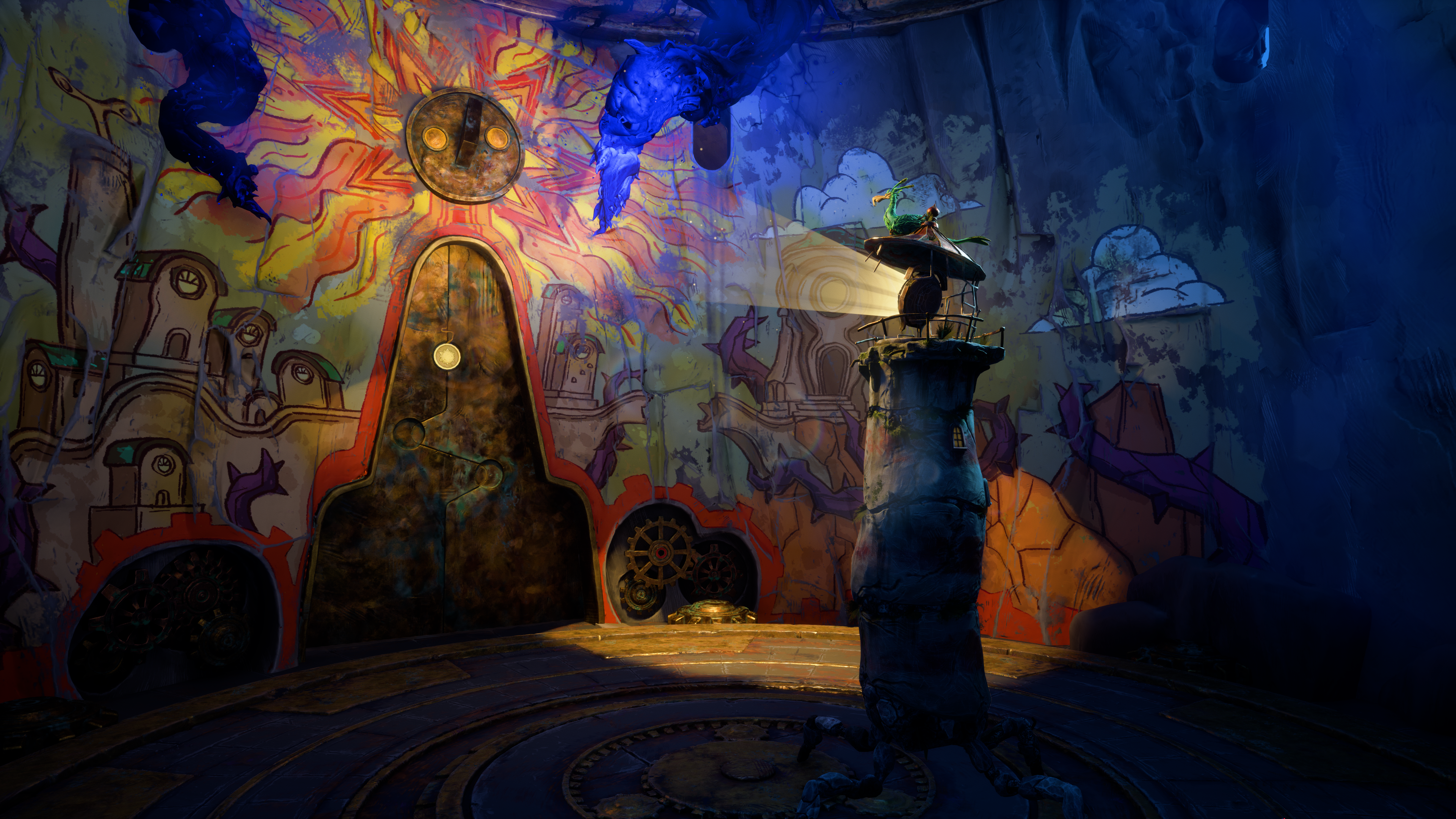 The lighthouse shining its beam on a mural in Keeper.